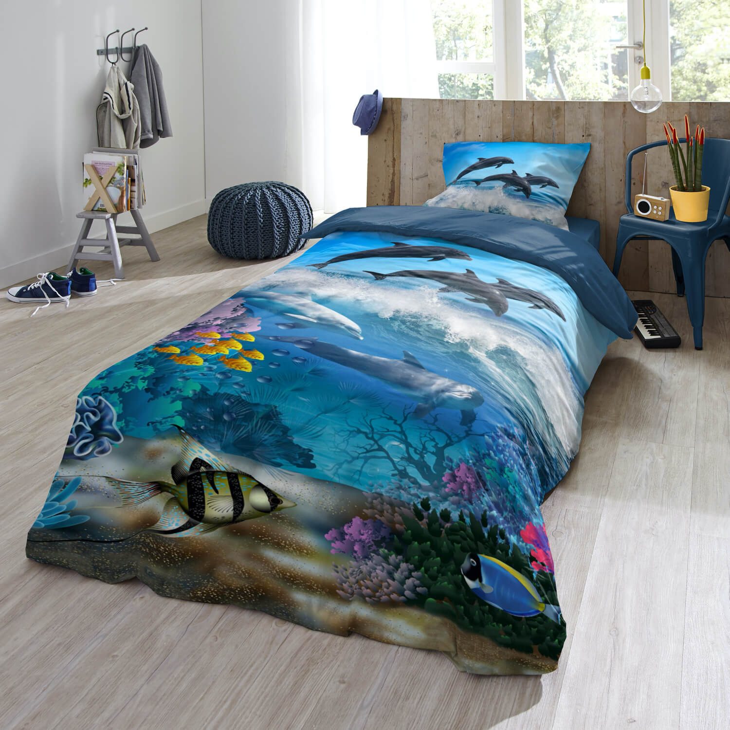 ESPiCO Kinderbettwäsche Delfine Blau Trendy Bedding, Renforcé, 2 teilig, Korallen, Fische, Wellen – Bild 5 von 5