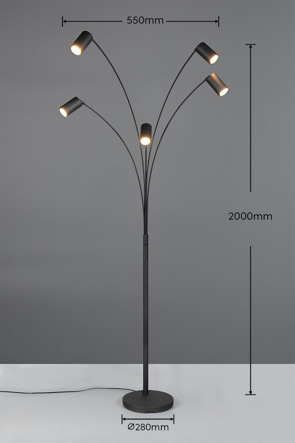 TRIO Leuchten Stehlampe MARLEY, 5-flammige Bogenleuchte, exkl 5x GU10 max 10W, Kippschalter, Ein-/Ausschalter, Leuchtmittel wechselbar, warmweiß - kaltweiß, Höhe 200 cm, Leuchtenarme flexibel verstellbar Leseleuchte Stehleuchte