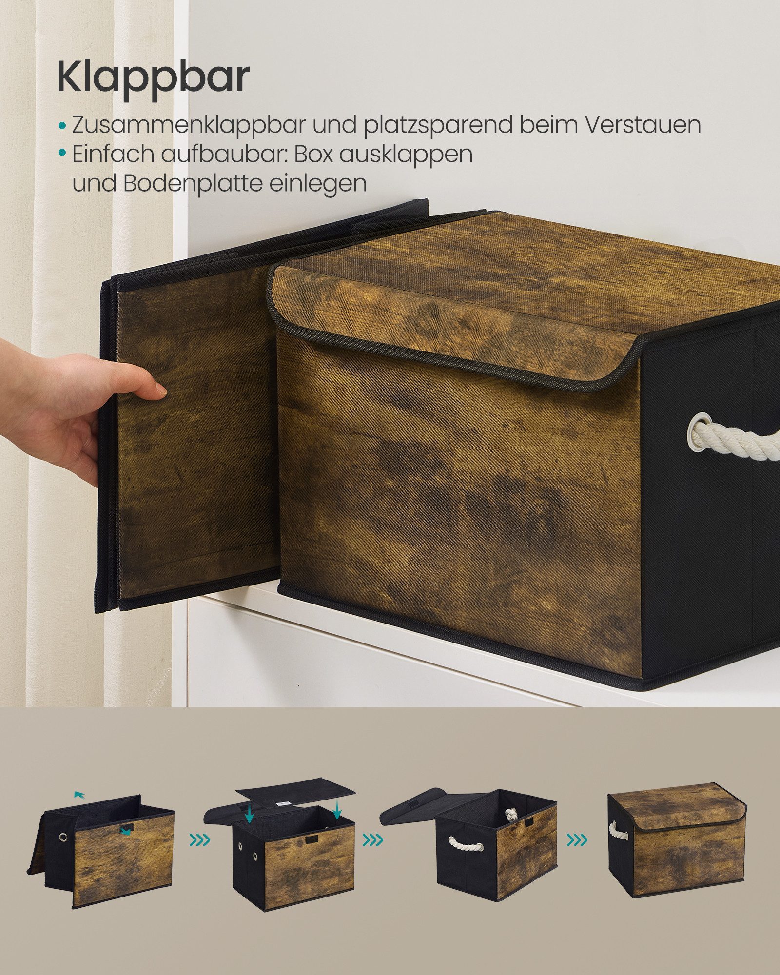 SONGMICS Aufbewahrungsbox 3er Set Stoffboxen klappbar, 38 x 25 x 25 cm, für Schlafzimmer, Wohnzimmer, mit Deckel, Griffe – Bild 5 von 5