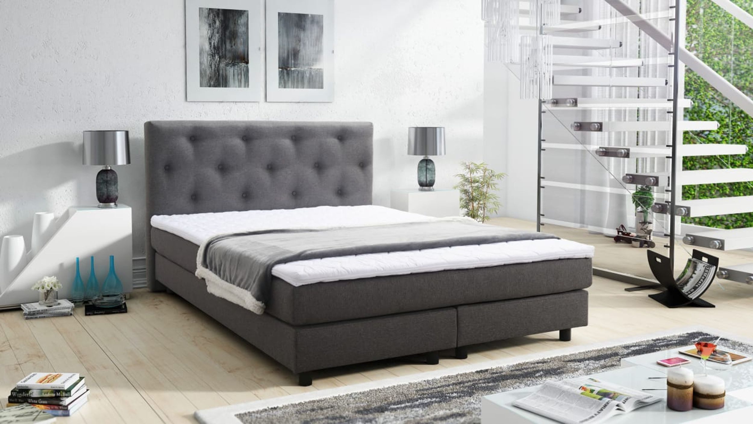 Küchen-Preisbombe Boxspringbett Glenn 2 Chester Hotelbett Boxbett 140x200 Bett Topper Grau