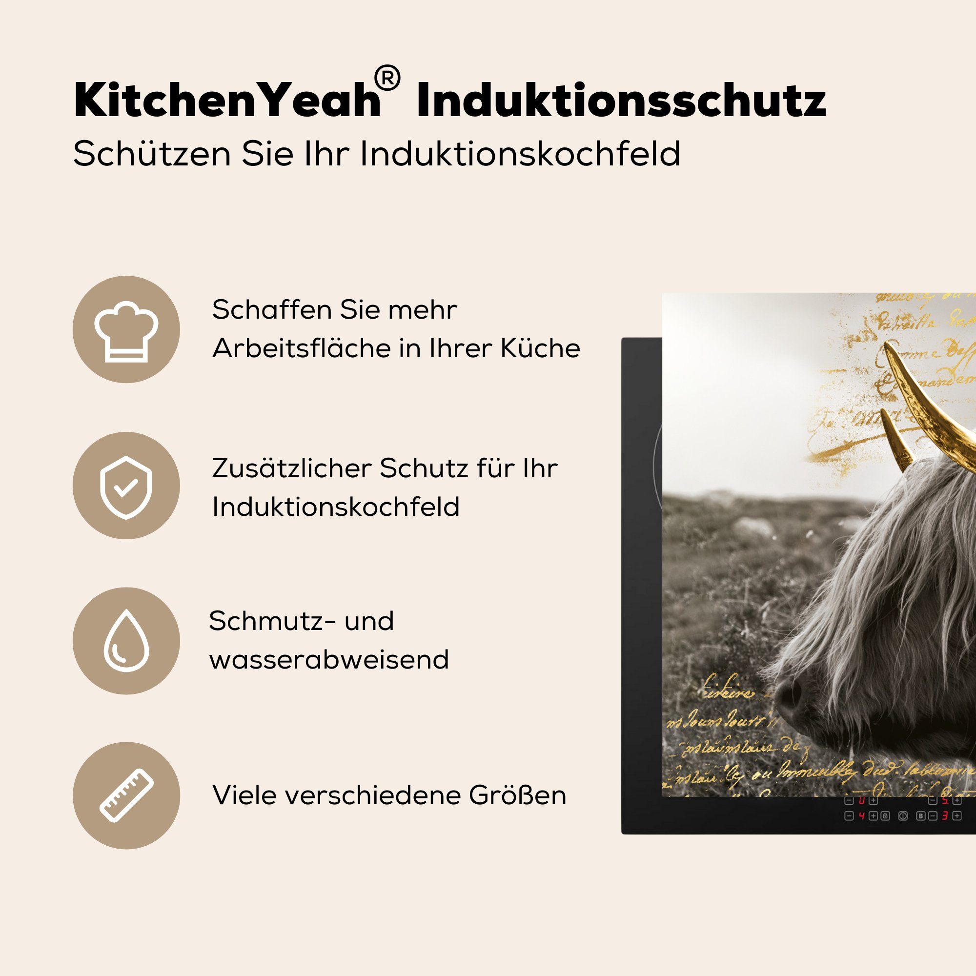 cm, - Gold Highlander küche MuchoWow tlg), - 78x78 (1 Vinyl, Ceranfeldabdeckung, Herdblende-/Abdeckplatte Arbeitsplatte Zitat, Schottischer für