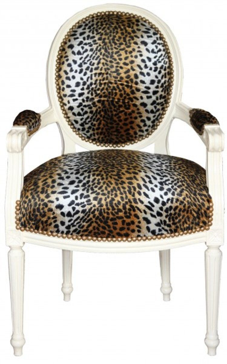 Casa Creme Besucherstuhl Stuhl Mod2 Padrino Barock Salon Rund / Leopard Muster