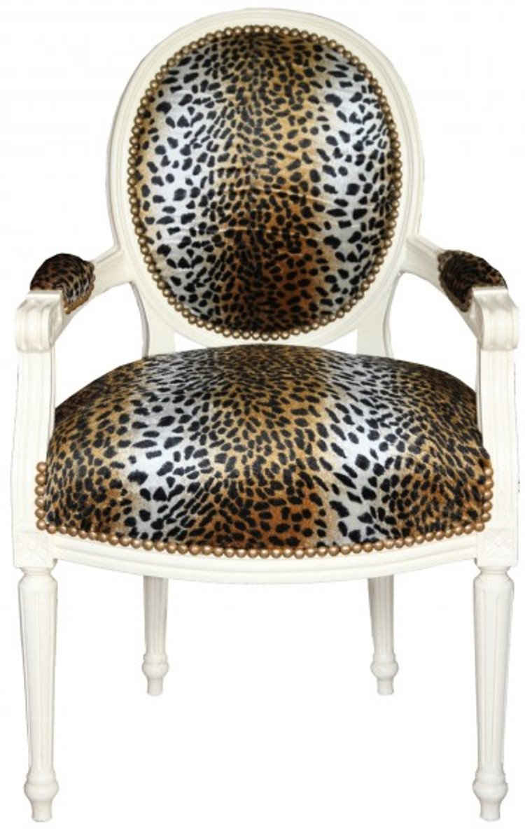 Casa Padrino Besucherstuhl Barock Salon Stuhl Leopard Muster / Creme Mod2 Rund