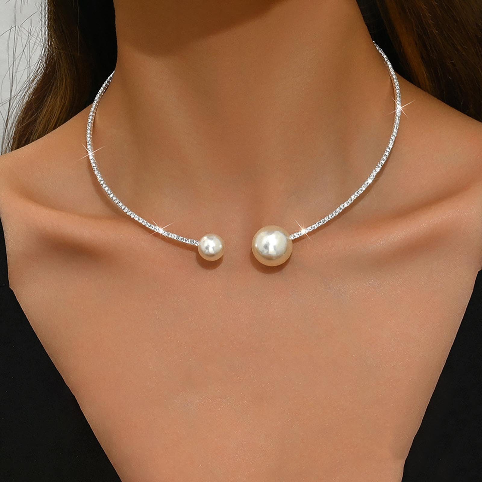 MOPUEA Kette mit Anhänger Boho Strass Perle Choker,Faux Perle offene geometrische Kragen (Einstellbar Nachahmung Perle Offene Halskette Braut Hochzeit Kristall, – Bild 2 von 5