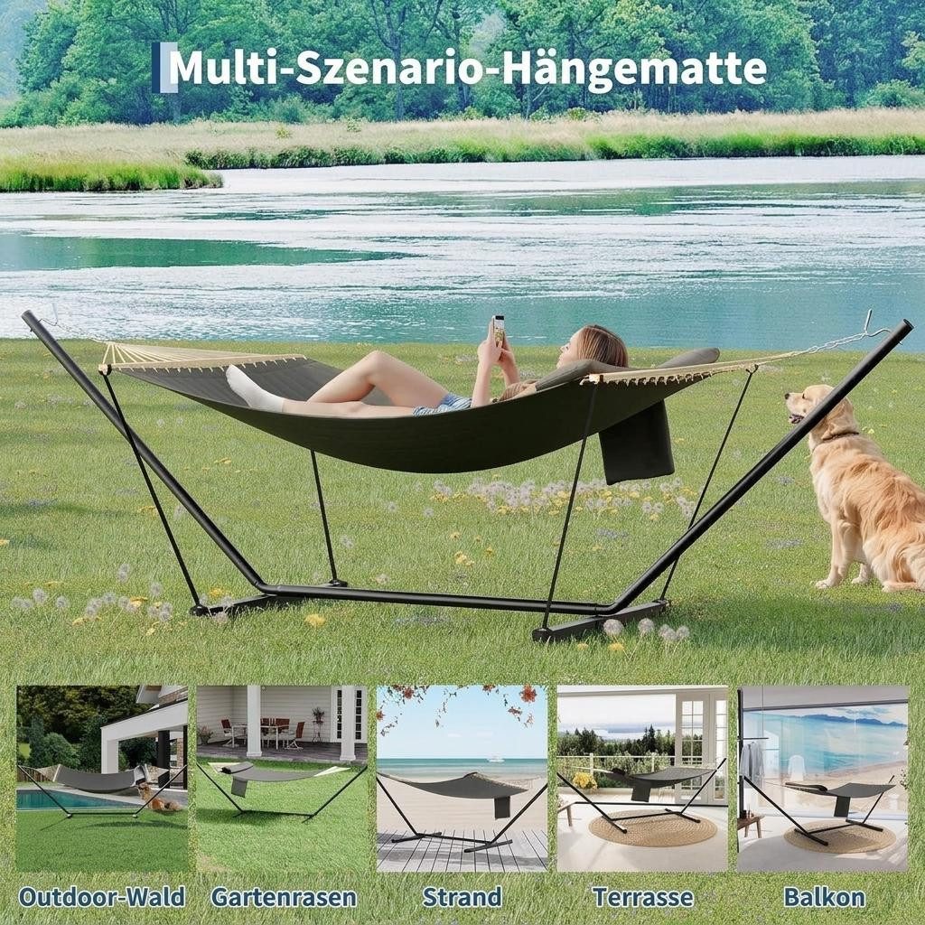 GarveeMore Hängematte für den Außenbereich mit robustem,verstellbarem Stahlgestell, tragbare Doppelhängematte für Terrasse, Garten, Strand und Hinterhof