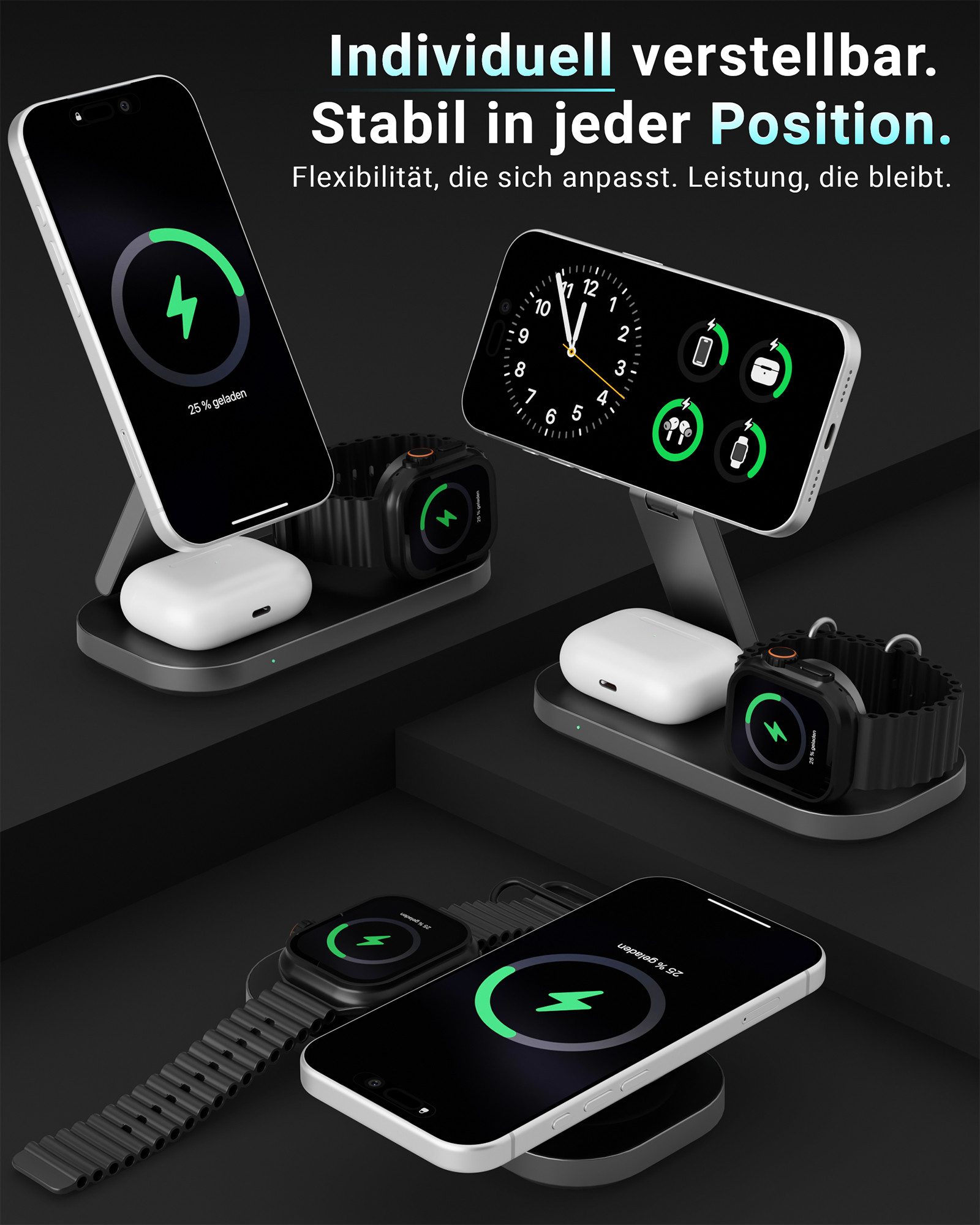 GreenHec Ladestation 25w Apple Watch iPhone 18 17 3in1 MagSafe Wireless Charger Wireless Charger (3000 mA, Spar-Set, 3in1 PowerBase + USB-C Kabel + 35w Ladegerä – Bild 4 von 5