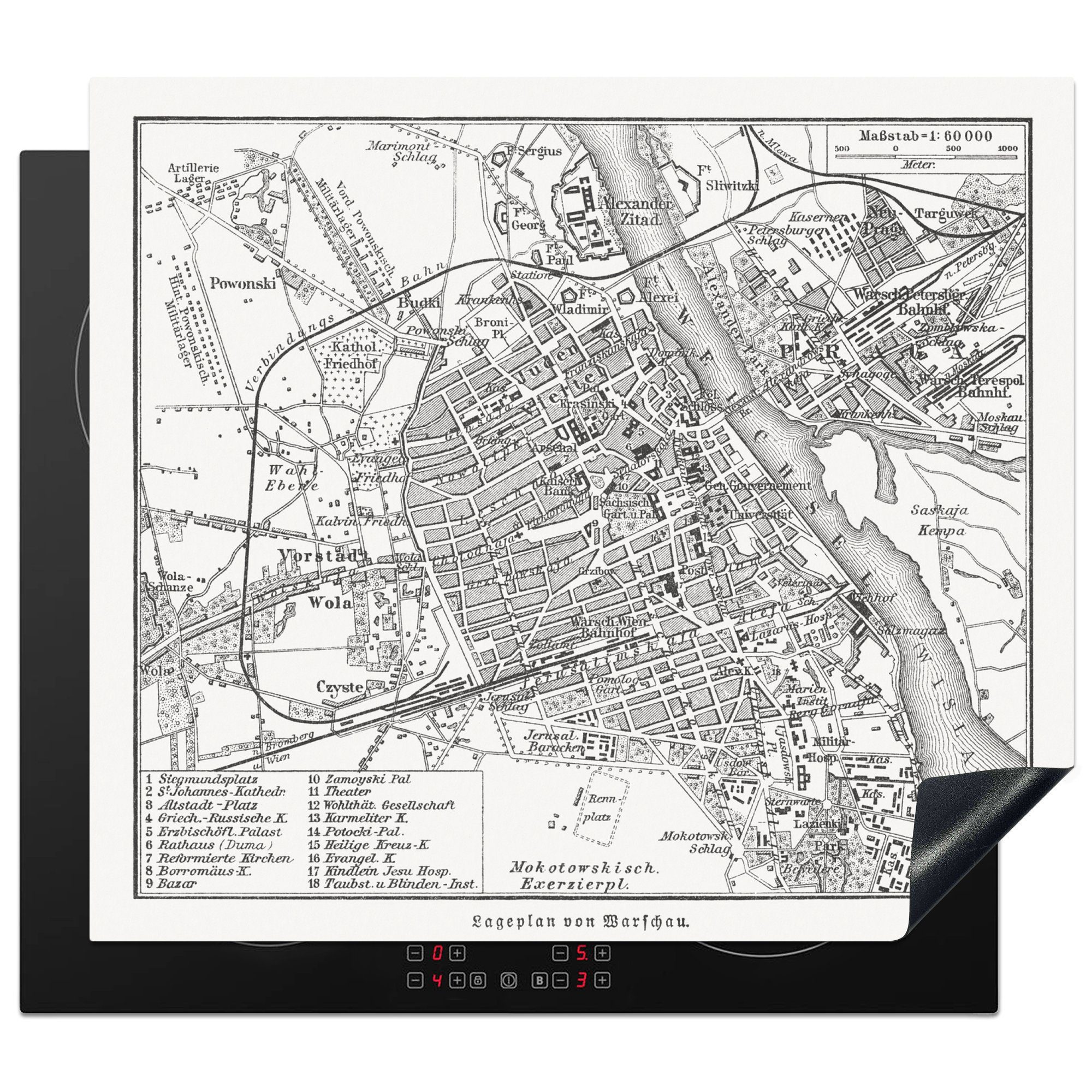 MuchoWow Herdblende-/Abdeckplatte Ein historischer Stadtplan von Warschau, Polen, Vinyl, (1 tlg), 60x52 cm, Mobile Arbeitsfläche nutzbar, Ceranfeldabdeckung
