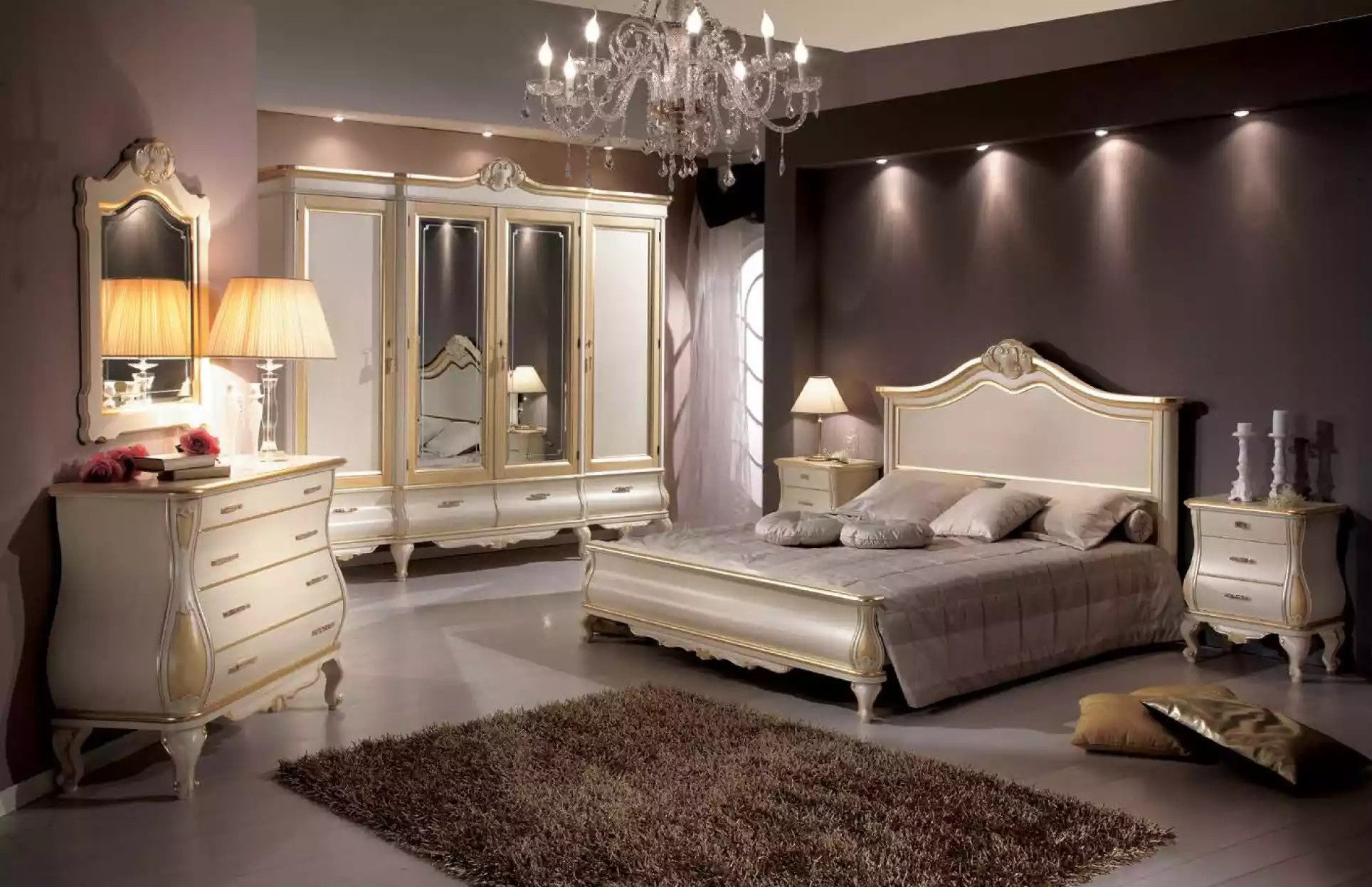 JVmoebel Schlafzimmer-Set Elegantes Schlafzimmermöbel in Holz mit Nachttischen und Spiegel, (6-tlg., Bett + 2x Nachttische + Kleiderschrank + Kommode + Spiegel), Made in Europa