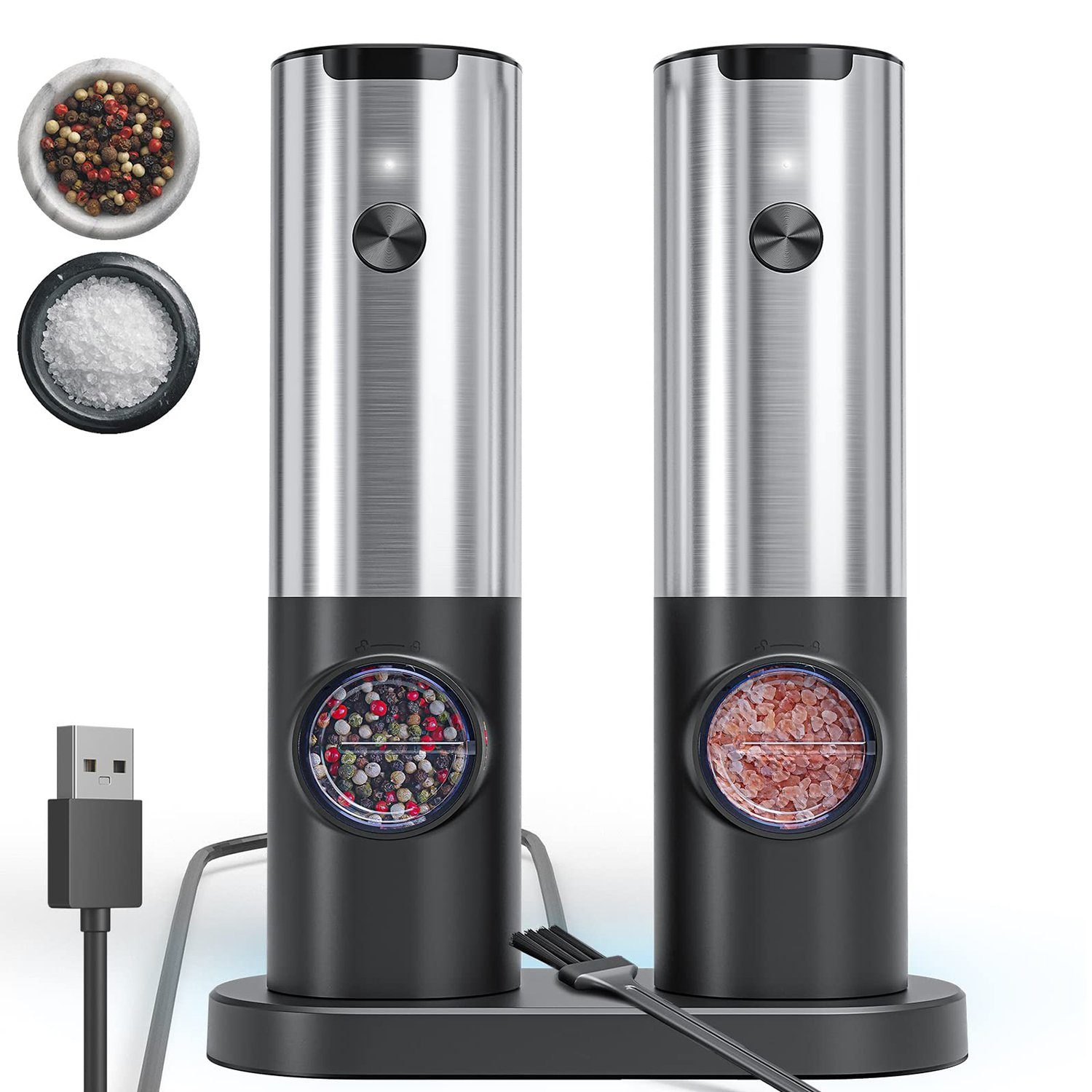 und Elektrisch Salz USB Elektrische AKKEE mit Salz Set, (1 LED-Licht,Edelstahl-Einhand-Küchenhelfermühle Pfeffermühle Pfeffermühle Basis,Wiederaufladbare und Stück), Pfeffermühlen