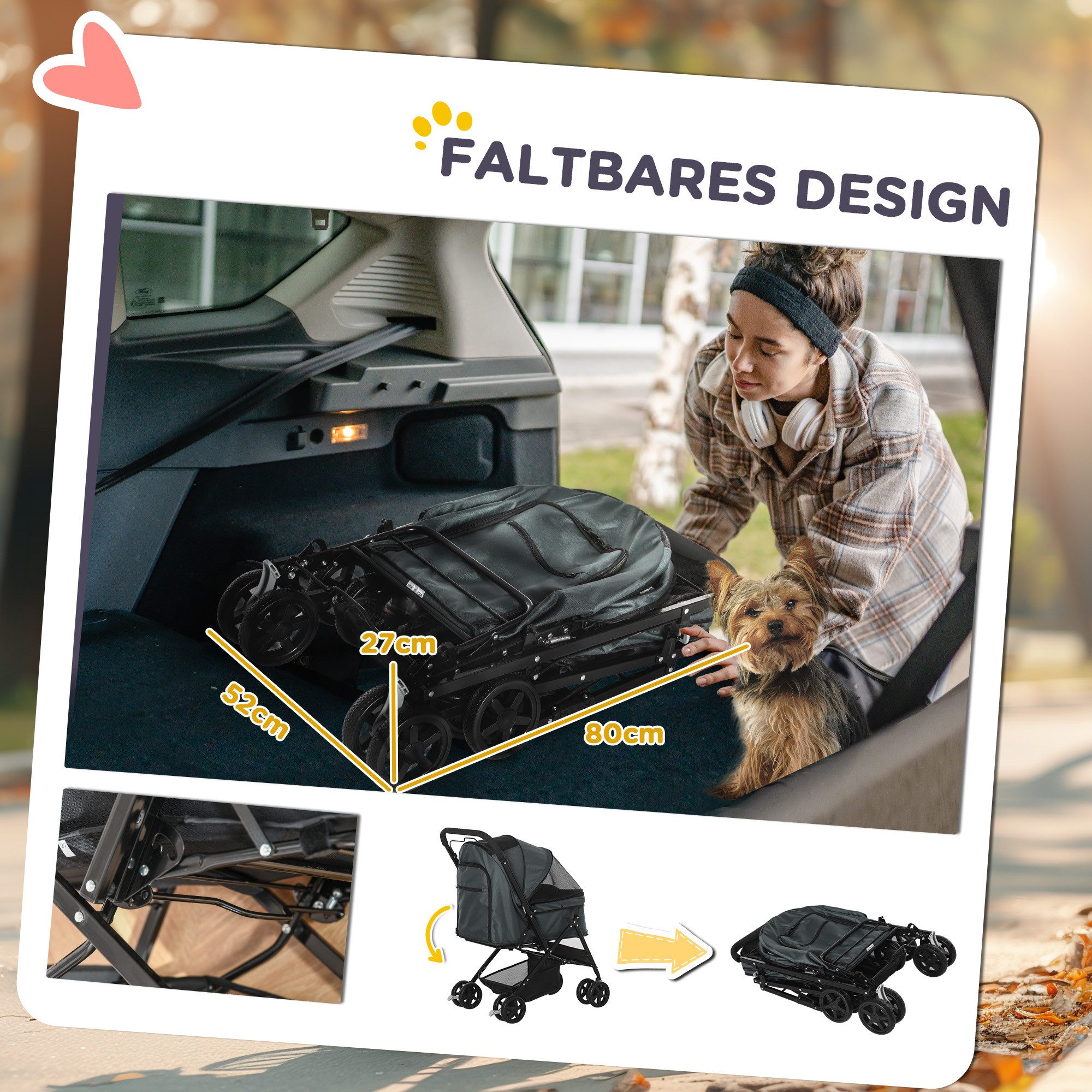 PawHut Hundebuggy Hundewagen Buggy Pet Stroller Oxford dunkelgrau, (Haustierwagen, 1-tlg), für kleine Hunde und Katzen, Oxford Dunkelgrau76,5 x 52 x 95 cm – Bild 5 von 5