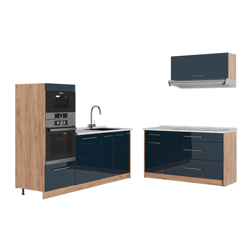 Vicco Küchenzeile Fame-Line, Dunkelblau Hochglanz/Goldkraft Eiche, 340 cm, AP Marmor