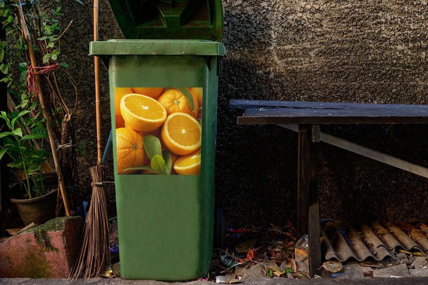 Orange Obst (1 - Sticker, Orange MuchoWow Mülltonne, - Abfalbehälter Mülleimer-aufkleber, Container, St), Wandsticker
