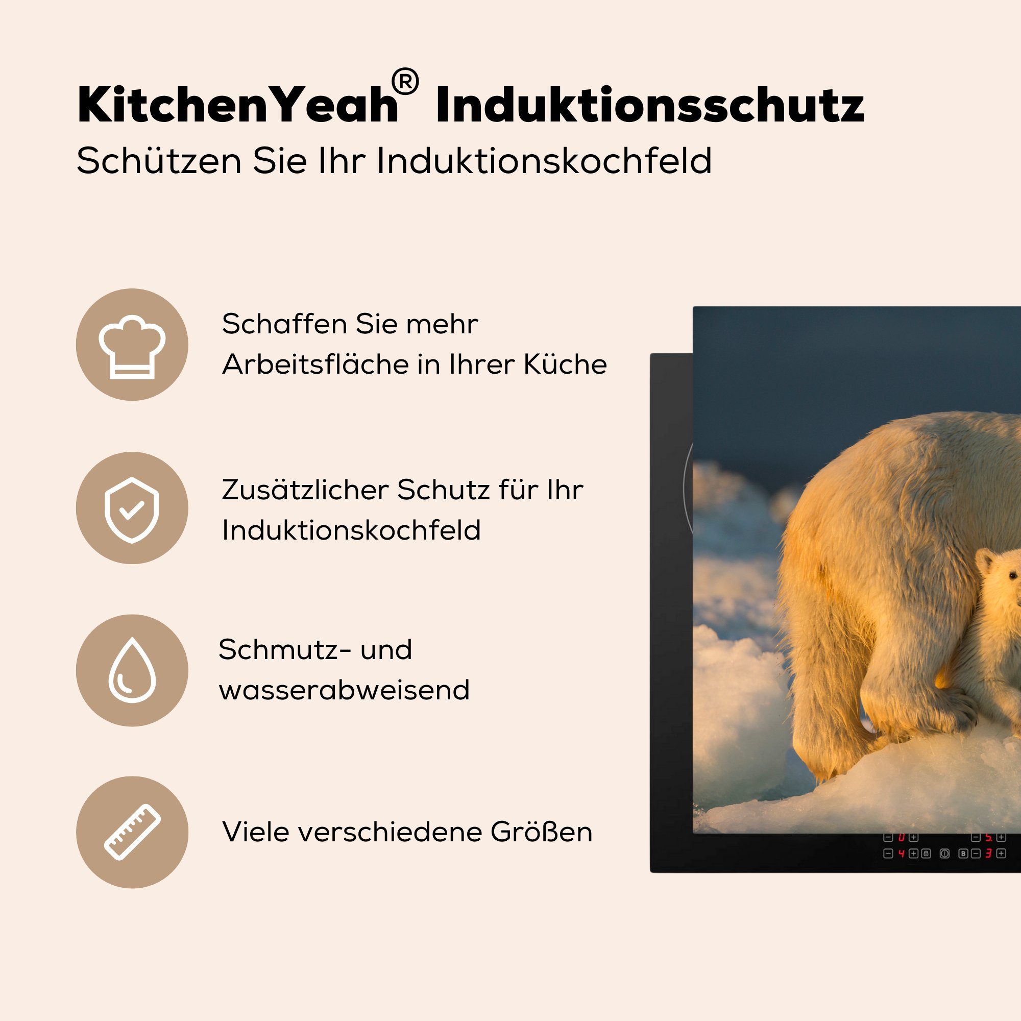 küche, - die Induktionskochfeld (1 Jung tlg), MuchoWow 81x52 - Ceranfeldabdeckung für Eisbär Schutz Schnee - Vinyl, cm, Licht, Herdblende-/Abdeckplatte