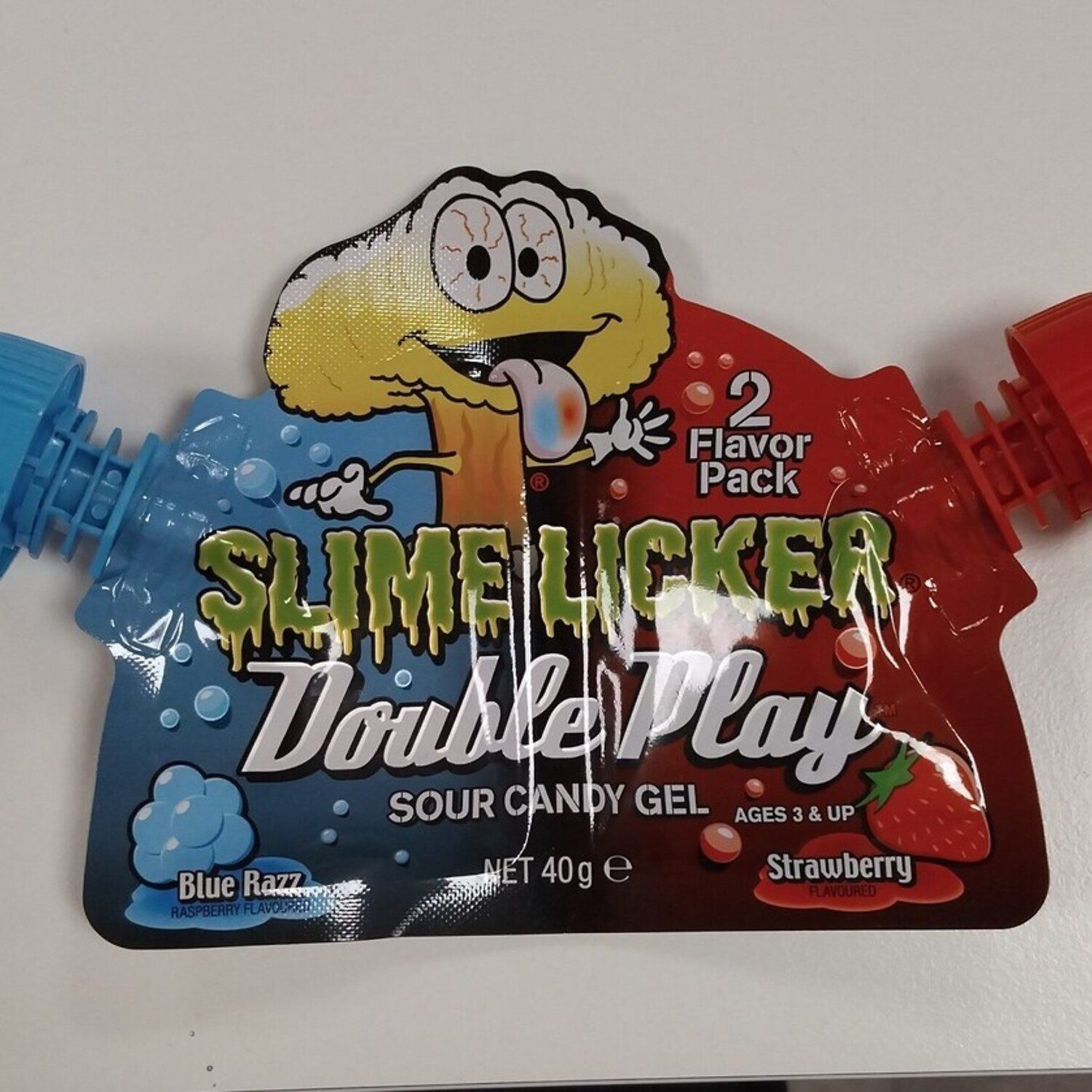 SLIME Süßigkeit, 1 x 40 g, Slime Licker Double Play Sour Candy Gel Blue Razz & Strawberry