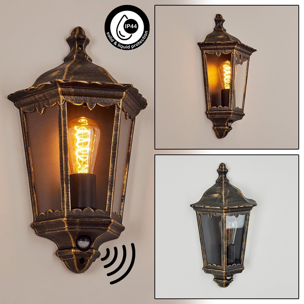 hofstein Außen-Wandleuchte »Viano« Wandlampe in antikem Look, aus Metall/Glas in Braun-Gold/Klar, ohne Leuchtmittel, Wandleuchte m. E27, m. Bewegungsmelder