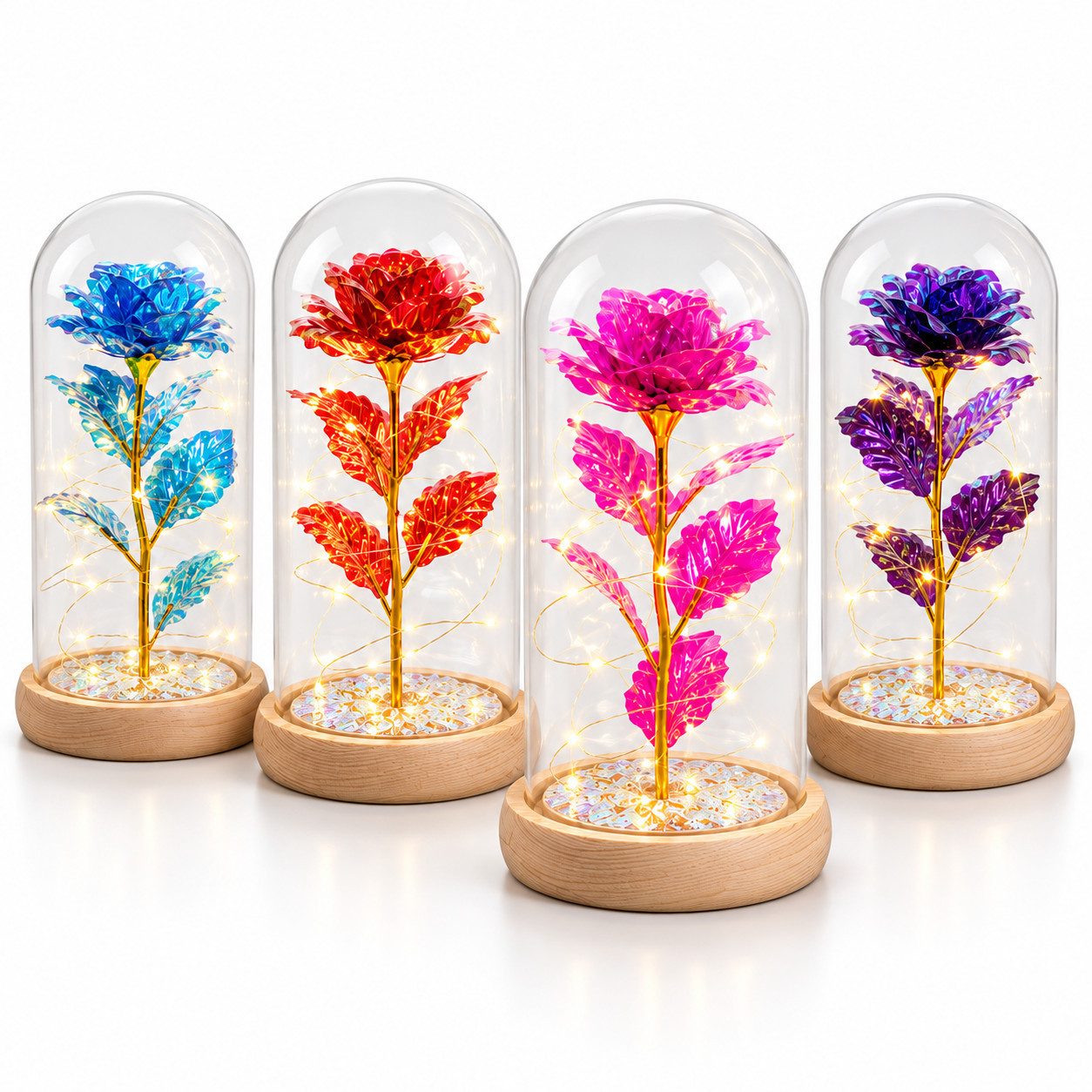 GOLDEN LED Dekofigur Das Biest Rose In Glaskuppel LED-Lichter Kristallrose Blumen Geschenk