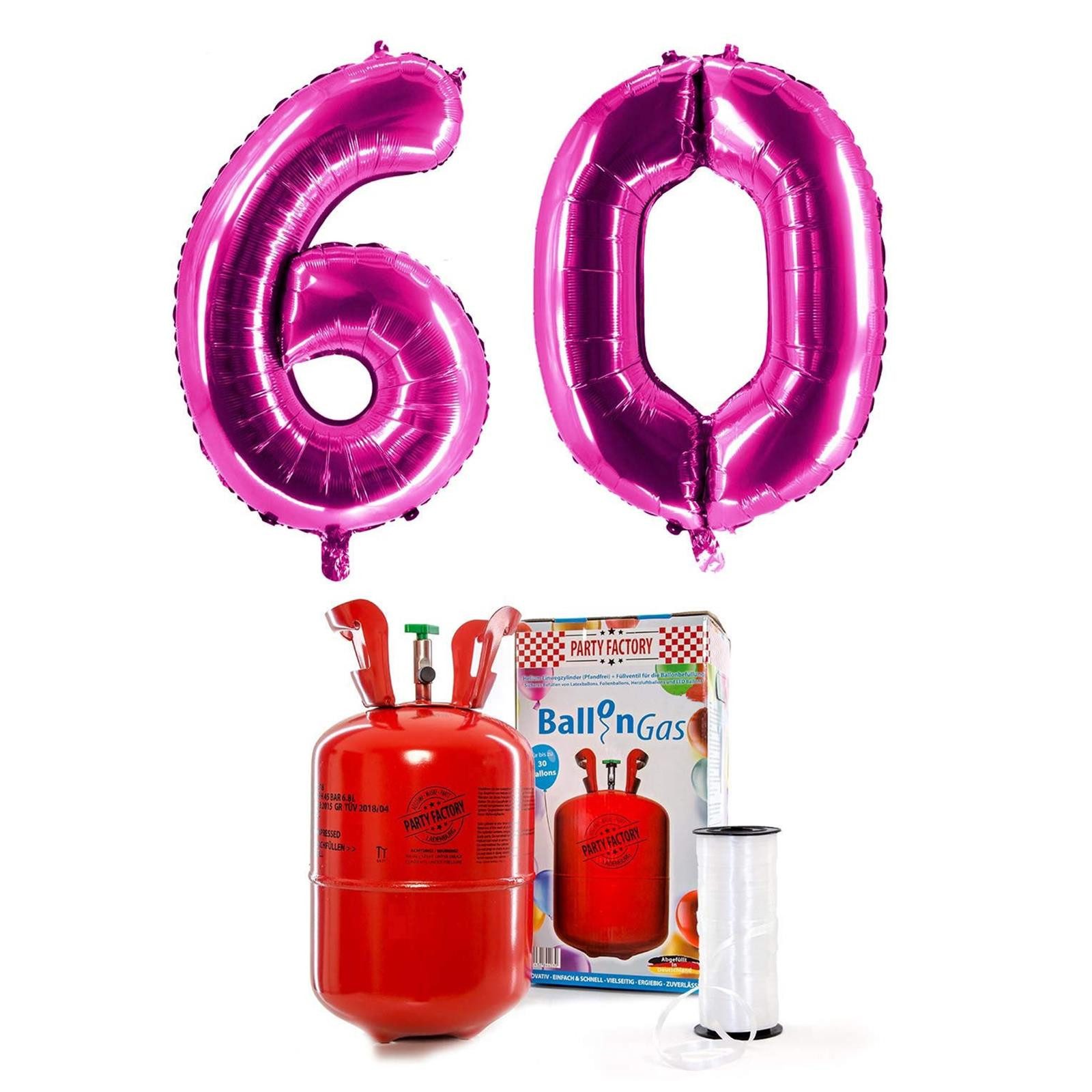 Party Factory Helium Ballongas Set Helium 0,2m³ zum Geburtstag pinke Zahlen 100 cm, Schnur, Abgefüllt in Deutschland