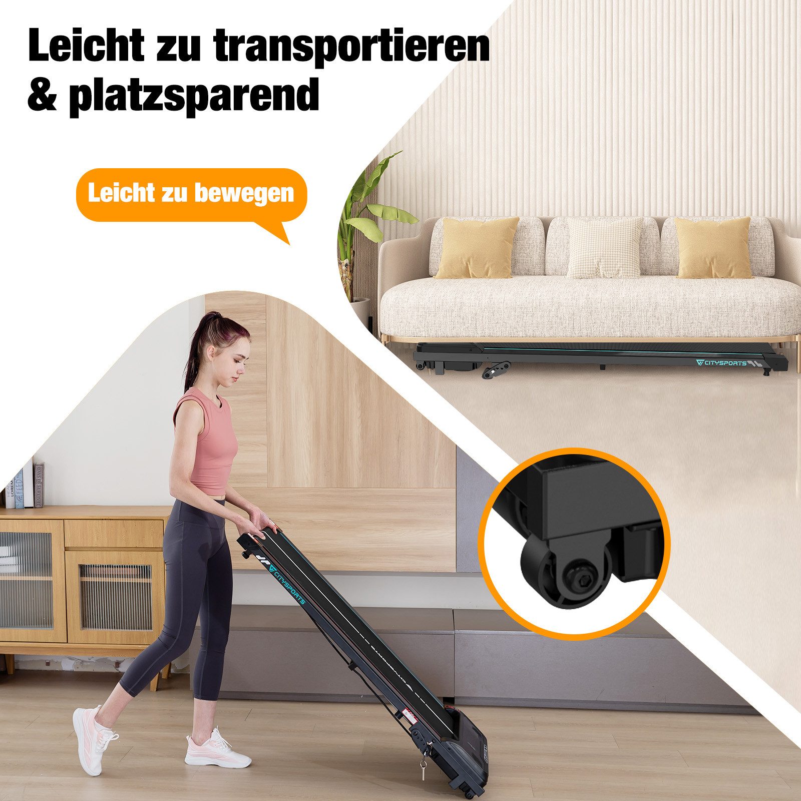 CITYSPORTS Laufband 440W Treadmill für Zuhause und im Büro Mit 3 Steigungsgraden (Mit Toolkit,Schmiermittel), 1-6km/h Walking/jogging Pad mit LED-Anzeige und Fernbedienung