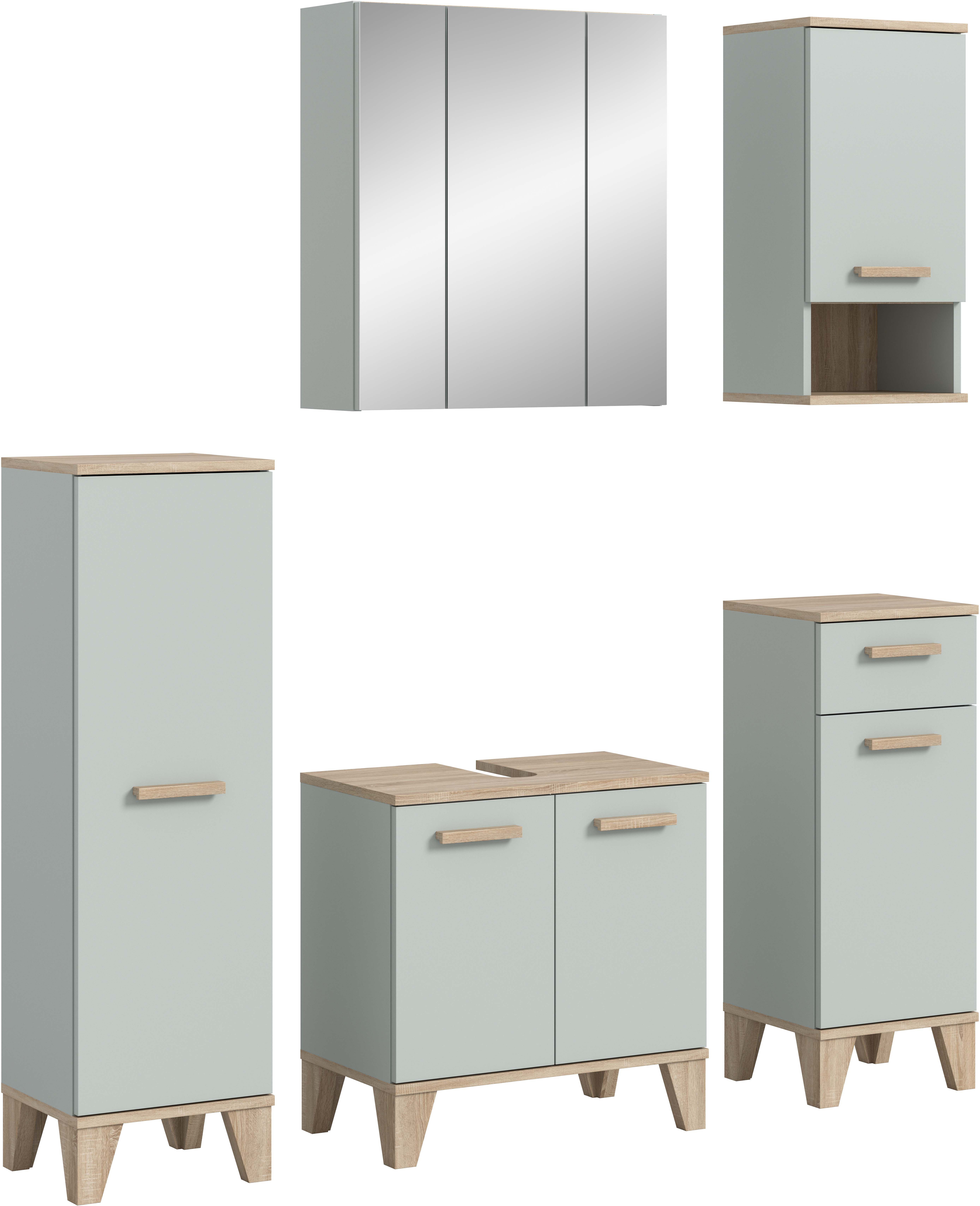 welltime Badmöbel-Set MINTTU, 5-teilige moderne Badkombination im SCANDI-Look, (5-St., bestehend aus: 2x Midischrank, WBU, Spiegelschrank, Hängeschrank), Bad-Kombination, Bad-Möbel, Badezimmer, Kombination, Kombi, Bad-Set