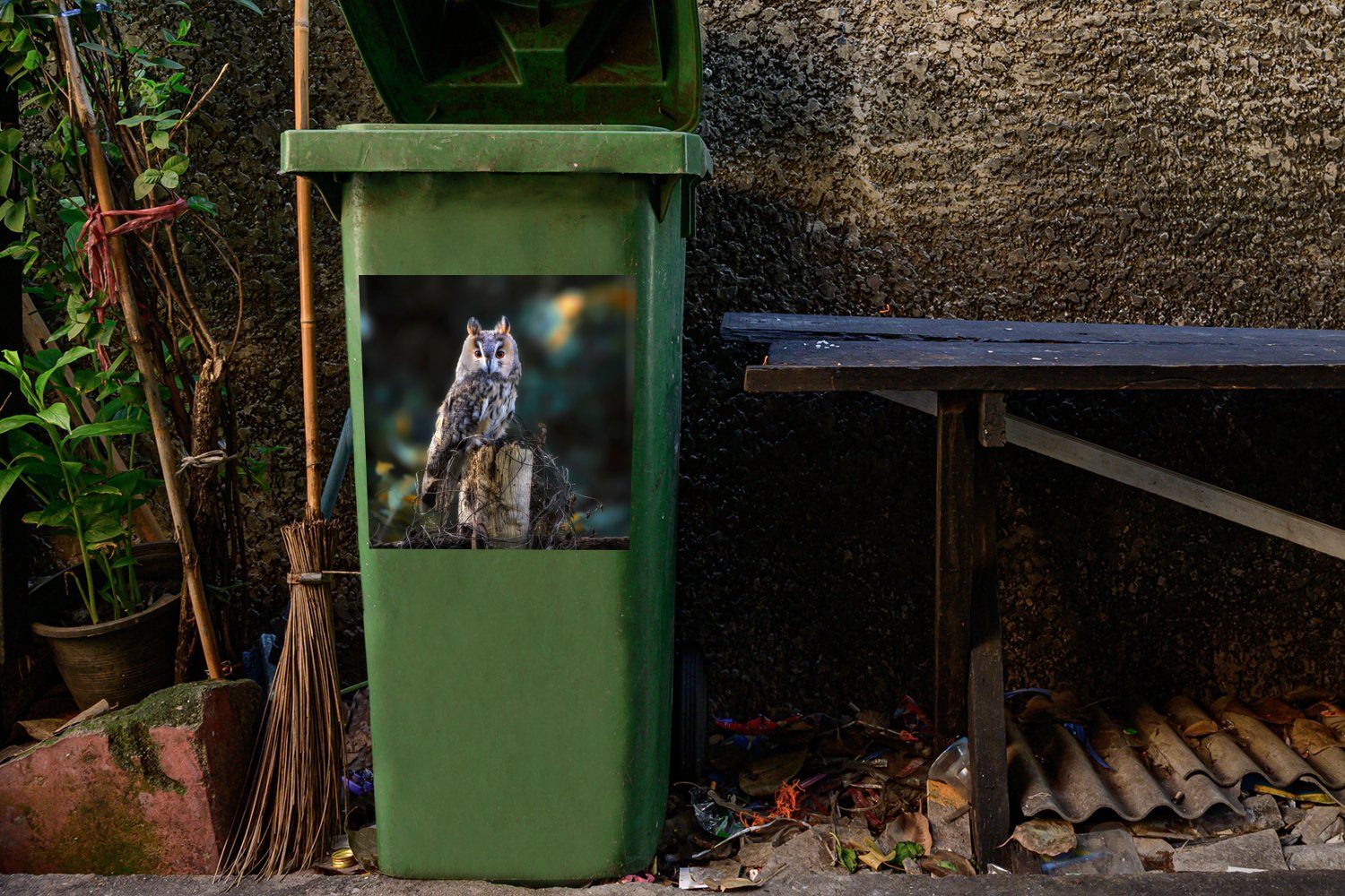 Mülltonne, - (1 Äste Container, Eule Vogel Wandsticker - - Sticker, Abfalbehälter Mülleimer-aufkleber, St), Herbst MuchoWow