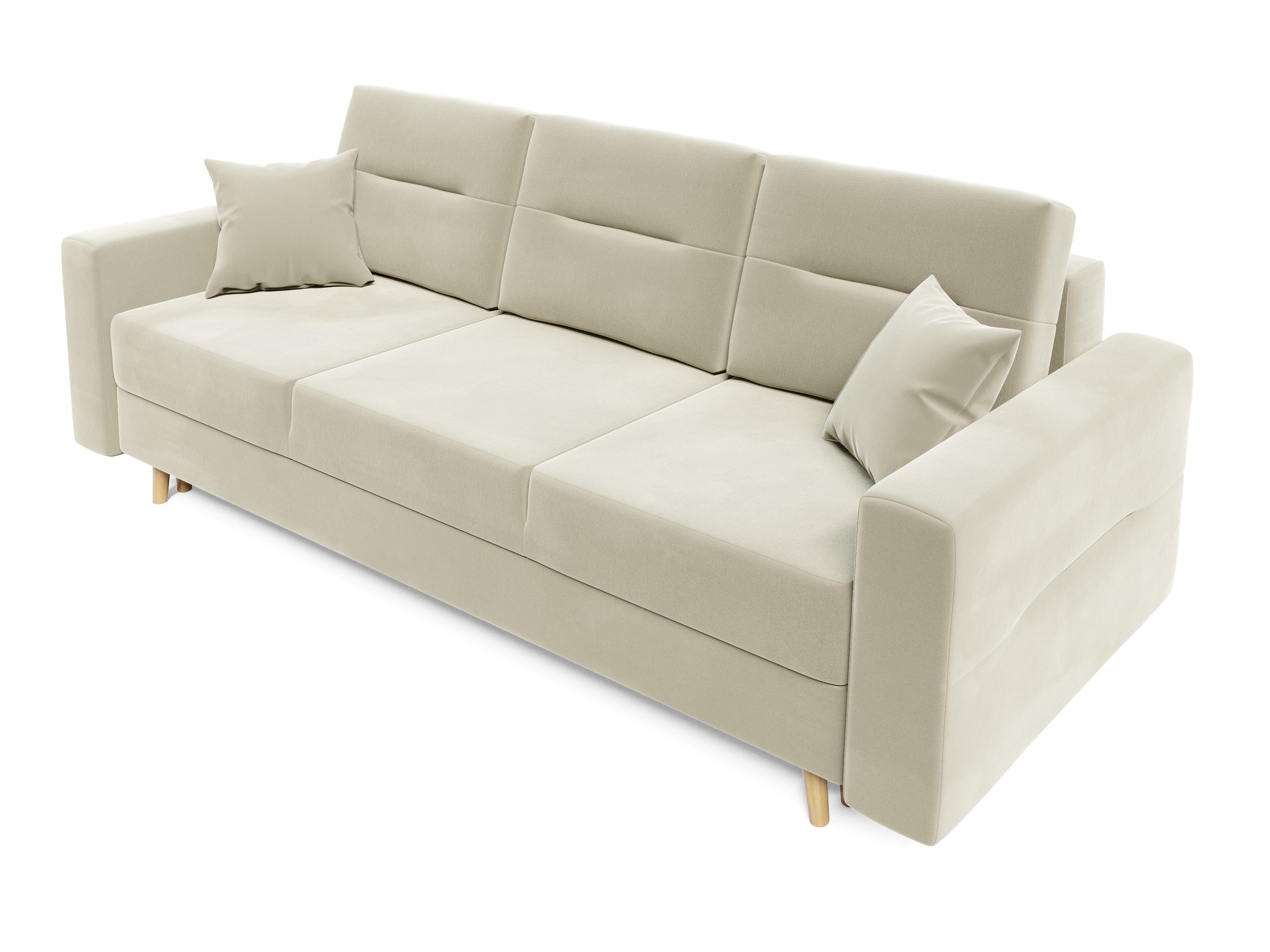 Sofa BERGEN Weiß 234cm COUCH und Schlafsofa, Schlaffunktion Bettkasten mit pressiode