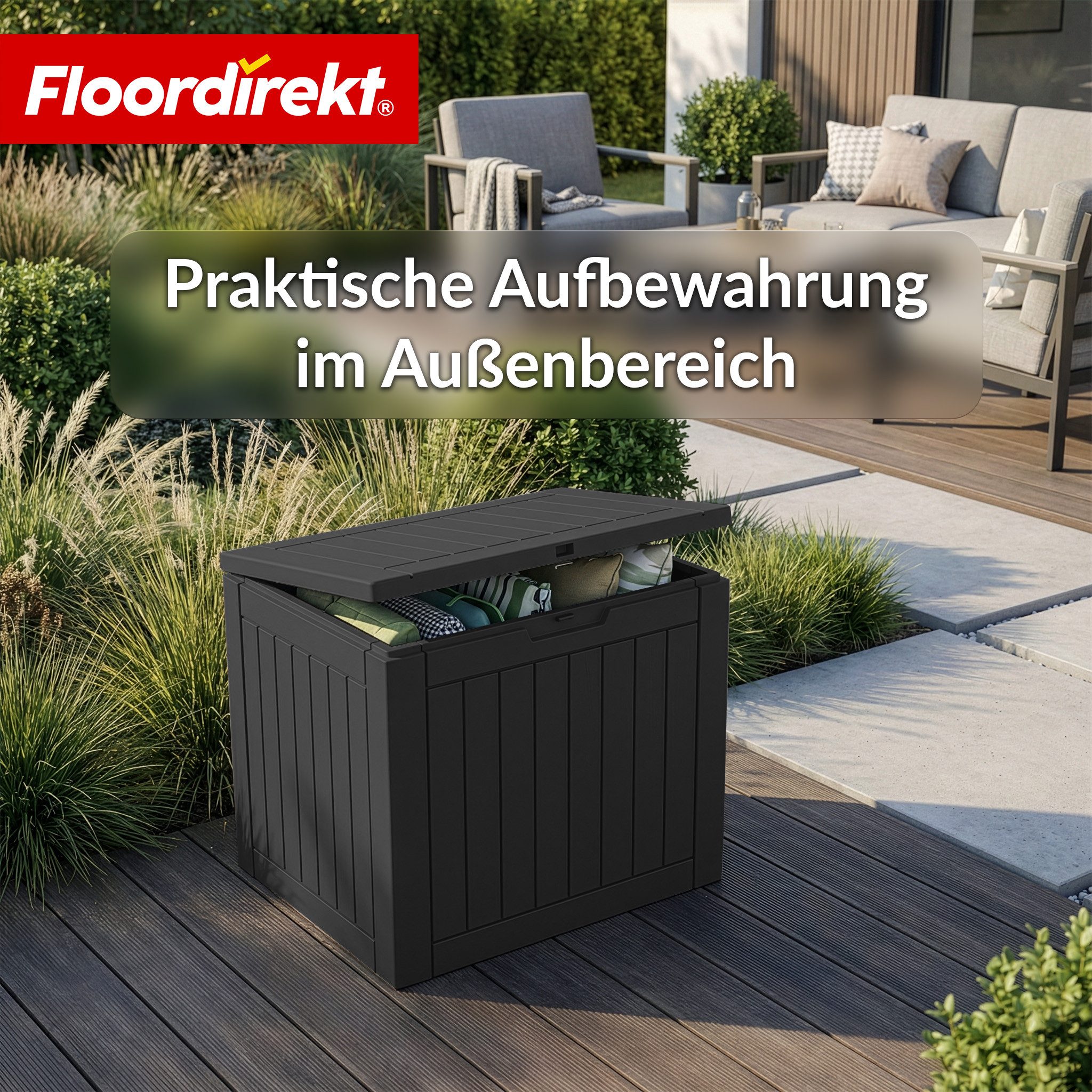 Floordirekt Gartenbox Floordirekt Gartenbox Holz-Optik wetterfeste Kissenbox 118L 270L 300L (Vorrichtung für Vorhängeschloss), Robuste Holz-Optik in Anthrazit o – Bild 4 von 5