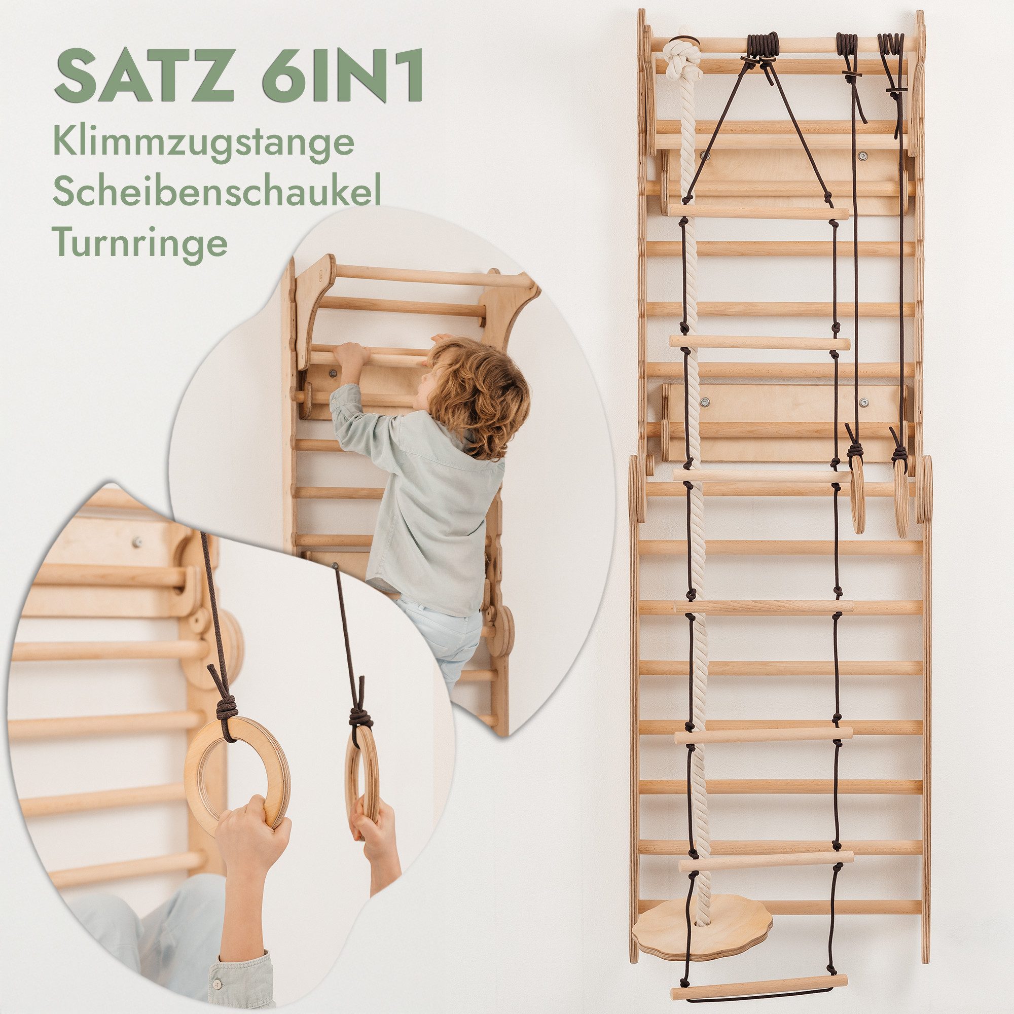 Goodevas Klettergerüst Multifunktionale Schwedenwand & Klettergerüst für Kinder, (Holz Schwedenwand & Rutschensatz – Vielseitiges Indoor Kletterdreieck Set mit Leiter, Rutsche, Monkey Bars, 6-St)