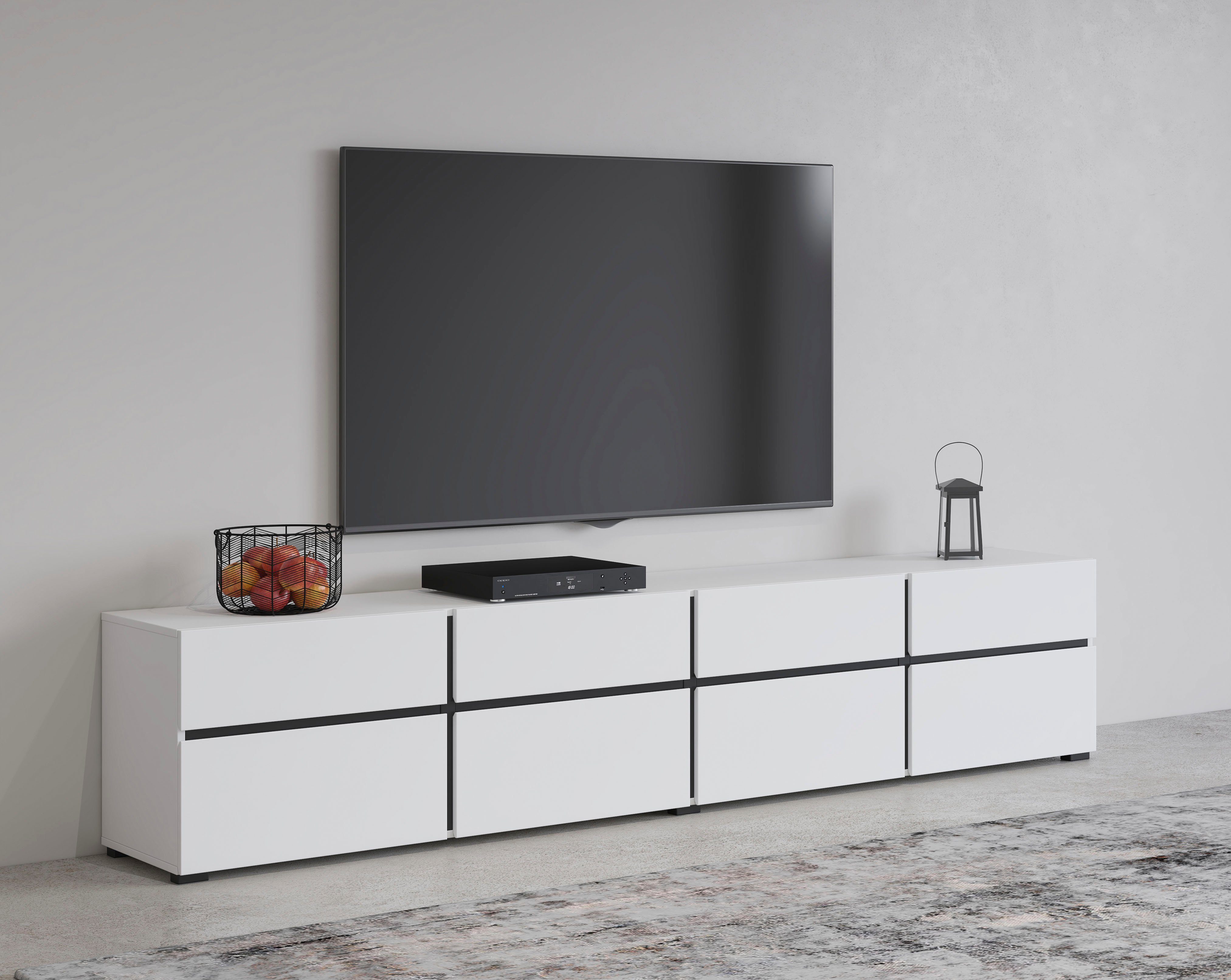 Lowboard Cross, moderne grifflose TV-Kommode,4 Klappen/4 Schubkästen