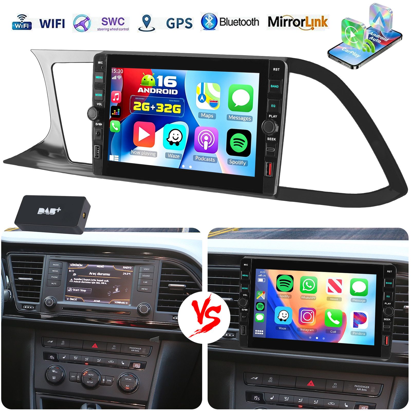 ESSGOO DAB+ Für Seat LEON 5F1 12-20 Android16 Carplay Autoradio GPS Navi WIFI Autoradio (RDS, 4+64GB(optional), Digitalradio (DAB), FM, GPS, WIFI, SWC, Apple Carplay Android Auto GPS Navi WIFI BT EQ mit USB- und Type-C)