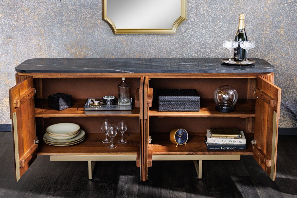 riess-ambiente Sideboard GATSBY 160cm braun / grau / gold (Einzelartikel, 1 St), Wohnzimmer · Massivholz · Metall · Marmor · Kommode · Retro Design