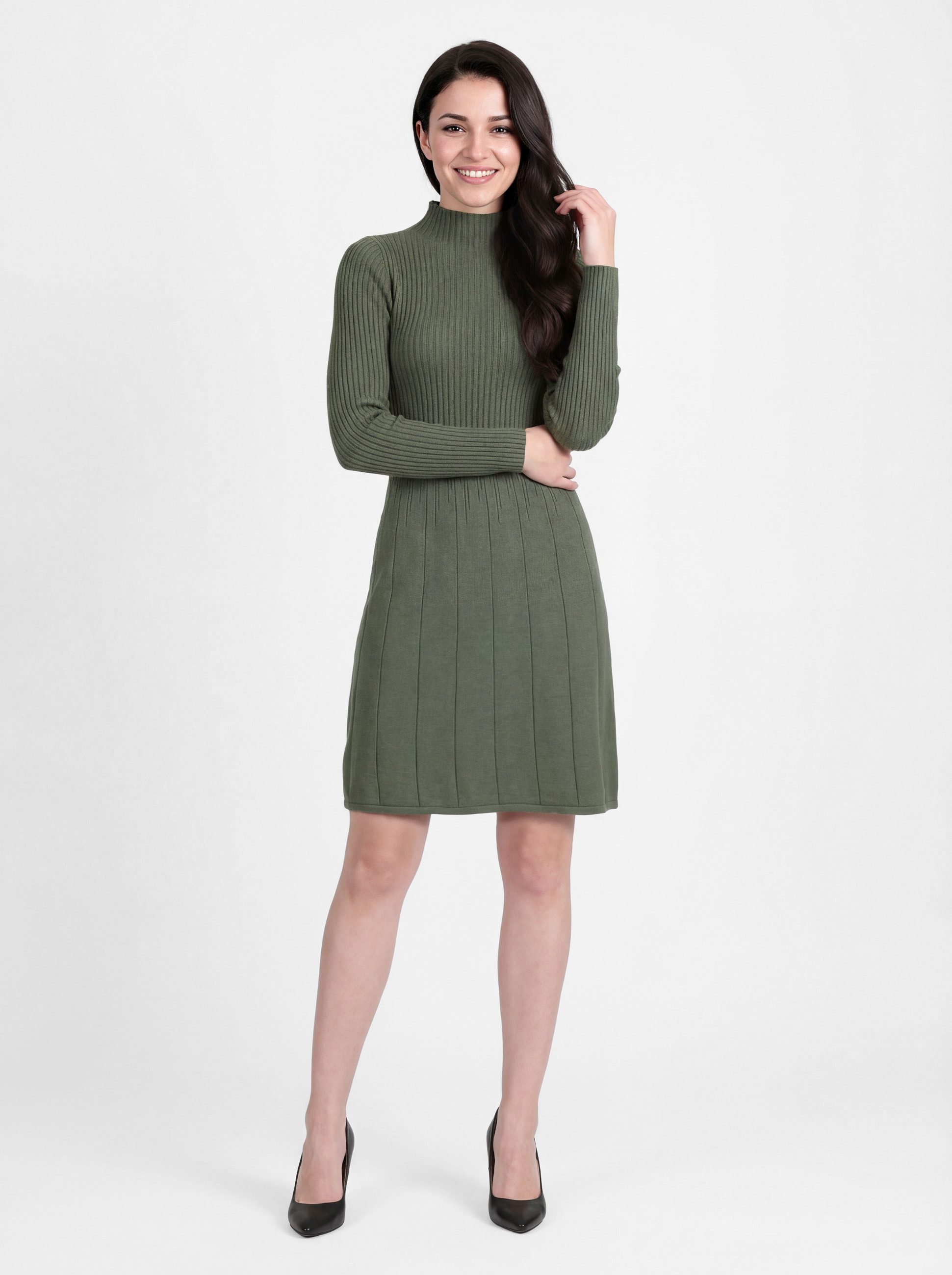 PEKIVESSA Strickkleid Kurzes Rippstrick-Kleid tailliert mit ausgestelltem Rockteil