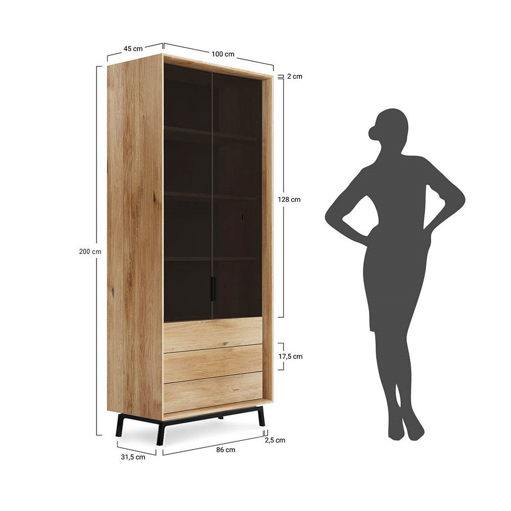 Feldmann-Wohnen Vitrine Modern Loft (2-türige, mit Einlegeböden, mit Glaseinsatz, 1-St., Massivholz, geölte Oberfläche) 100x45x200cm 2-türig Eiche Natur