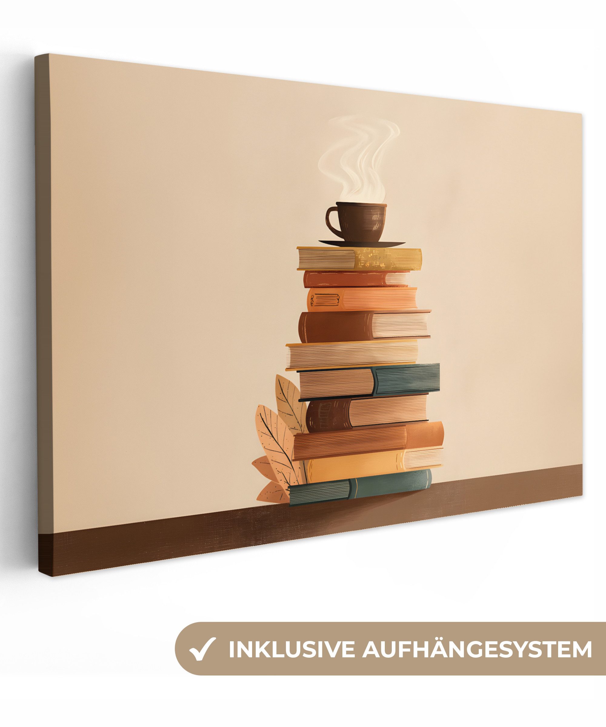 OneMillionCanvasses® Leinwandbild Bücher - Turm - Kaffee - Beige, Fotodruck (1 St), Leinwand Изображения Klein, Wand Dekoration Aesthetic 30x20 cm