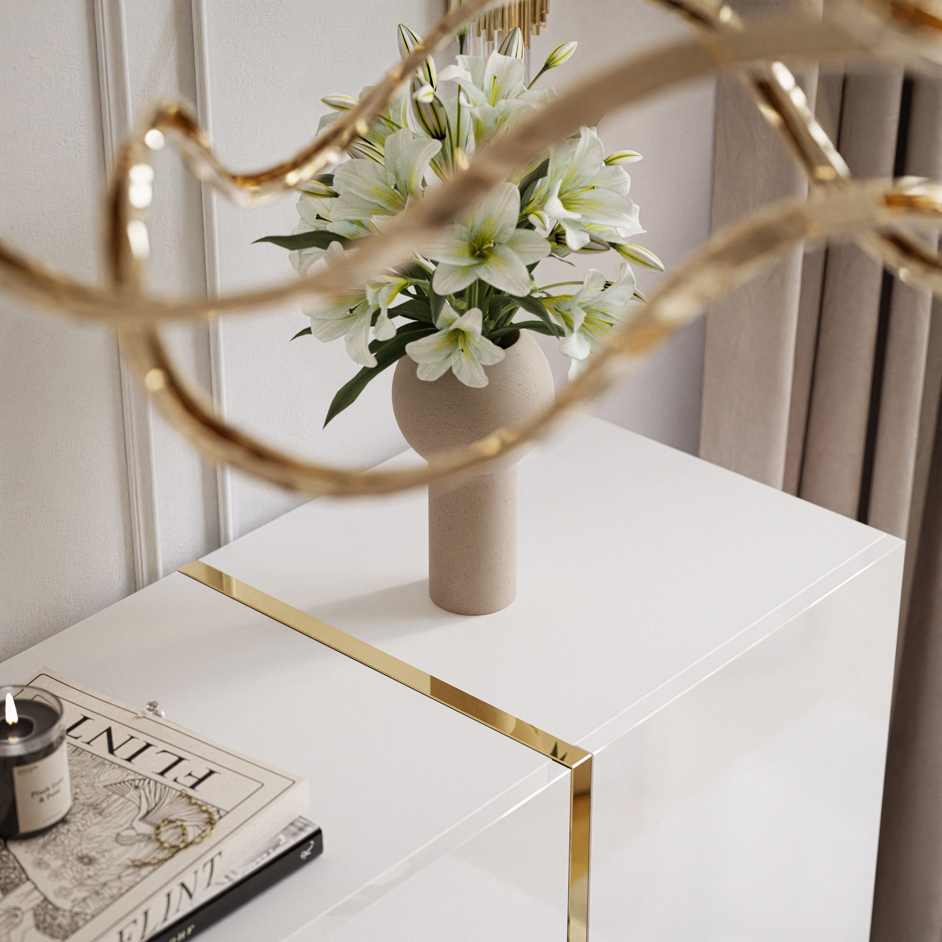 Lookway Kommode ONYX goldene Beine Hochglanz Push-Open / Goldgriffe 158 cm