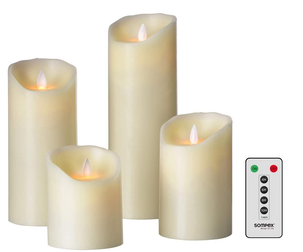 SOMPEX LED-Kerze »4er Set Flame LED Kerzen elfenbein 10/12,5/18/23cm« (Set,  5-tlg., 4 Kerzen, Höhe 10/12,5/18/23cm (je 8cm Durchmesser), 1  Fernbedienung), fernbedienbar, integrierter Timer, Echtwachs, täuschend  echtes Kerzenlicht