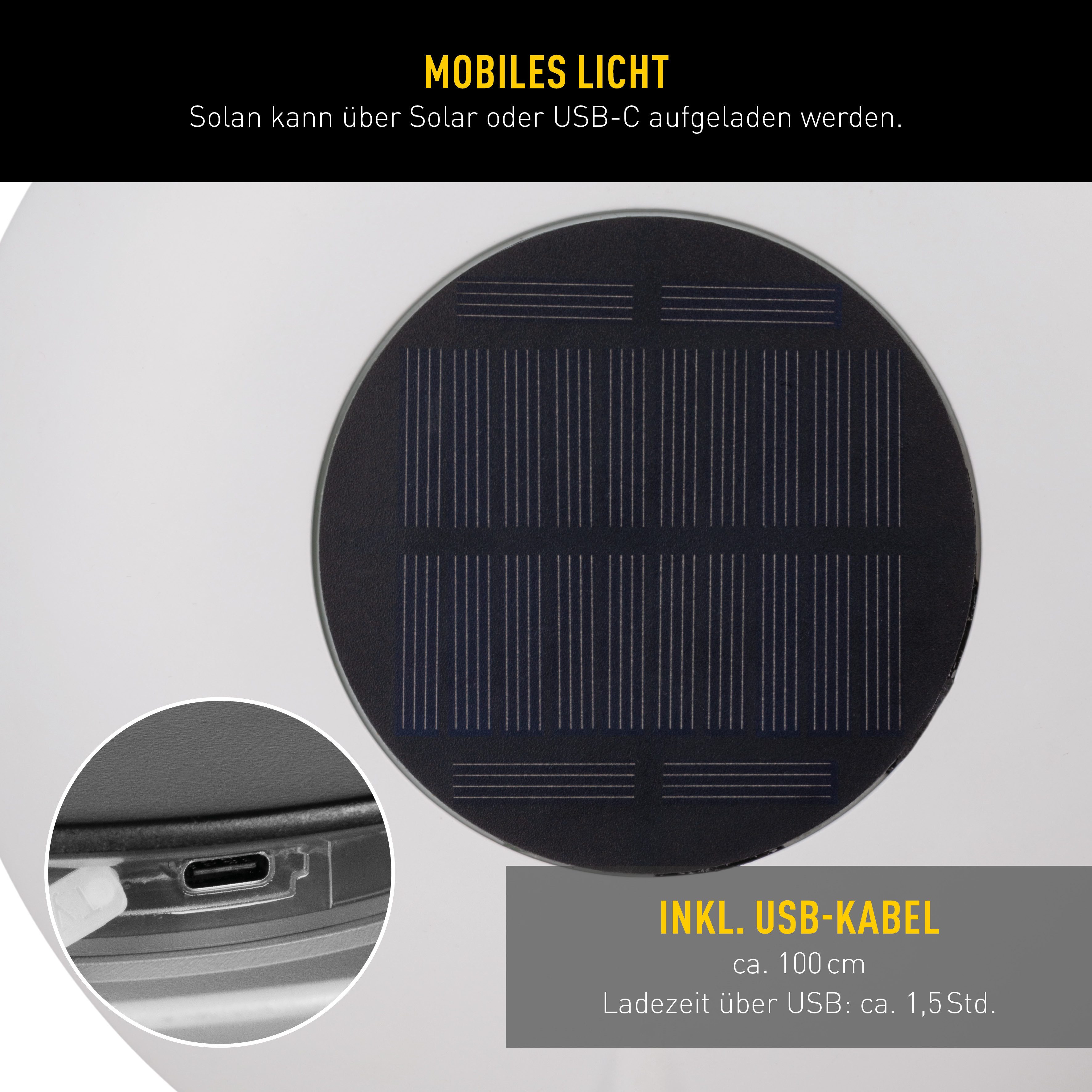 näve LED Solarleuchte Solan, Dimmfunktion, USB-Ladefunktion, LED fest integriert, Warmweiß, 4in1 Akku-Solar-Tisch-Hängeleuchte, Touchschalter, USB, dimmbar