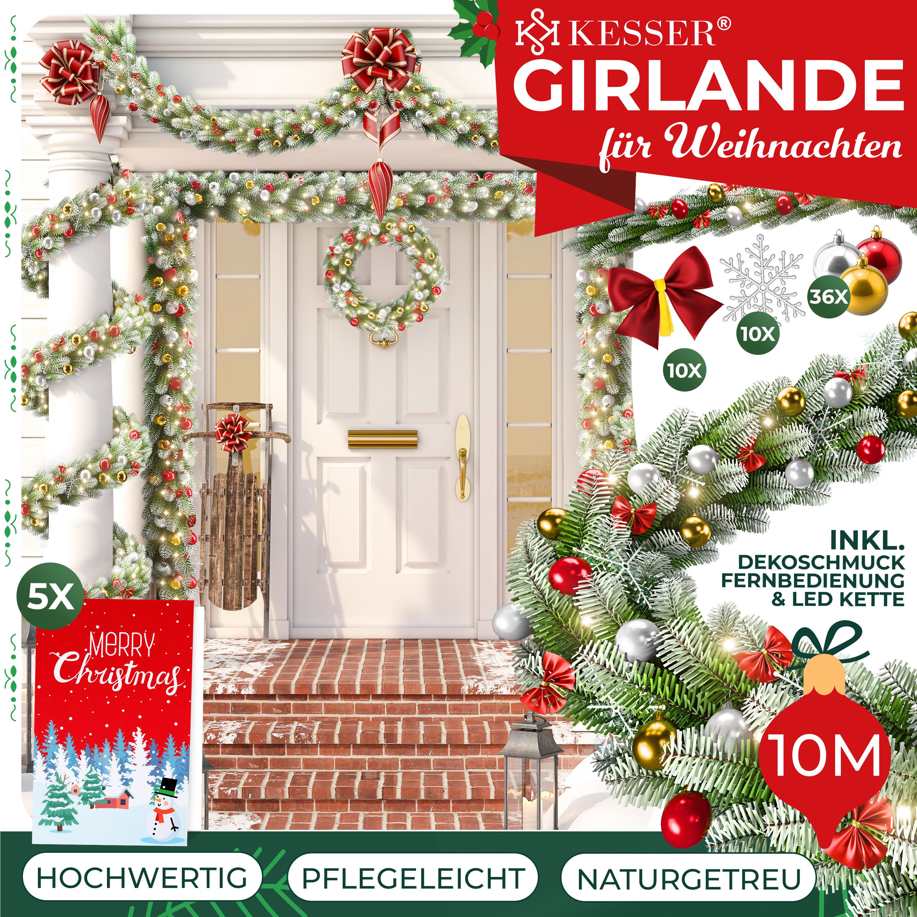 Kunstgirlande Weihnachtsgirlande LED Girlande 10m inkl. Deko-Schmuck & Fernbedienung, KESSER, Weihnachtsdeko, Tannengirlande mit LED-Beleuchtung, In & Outdoor
