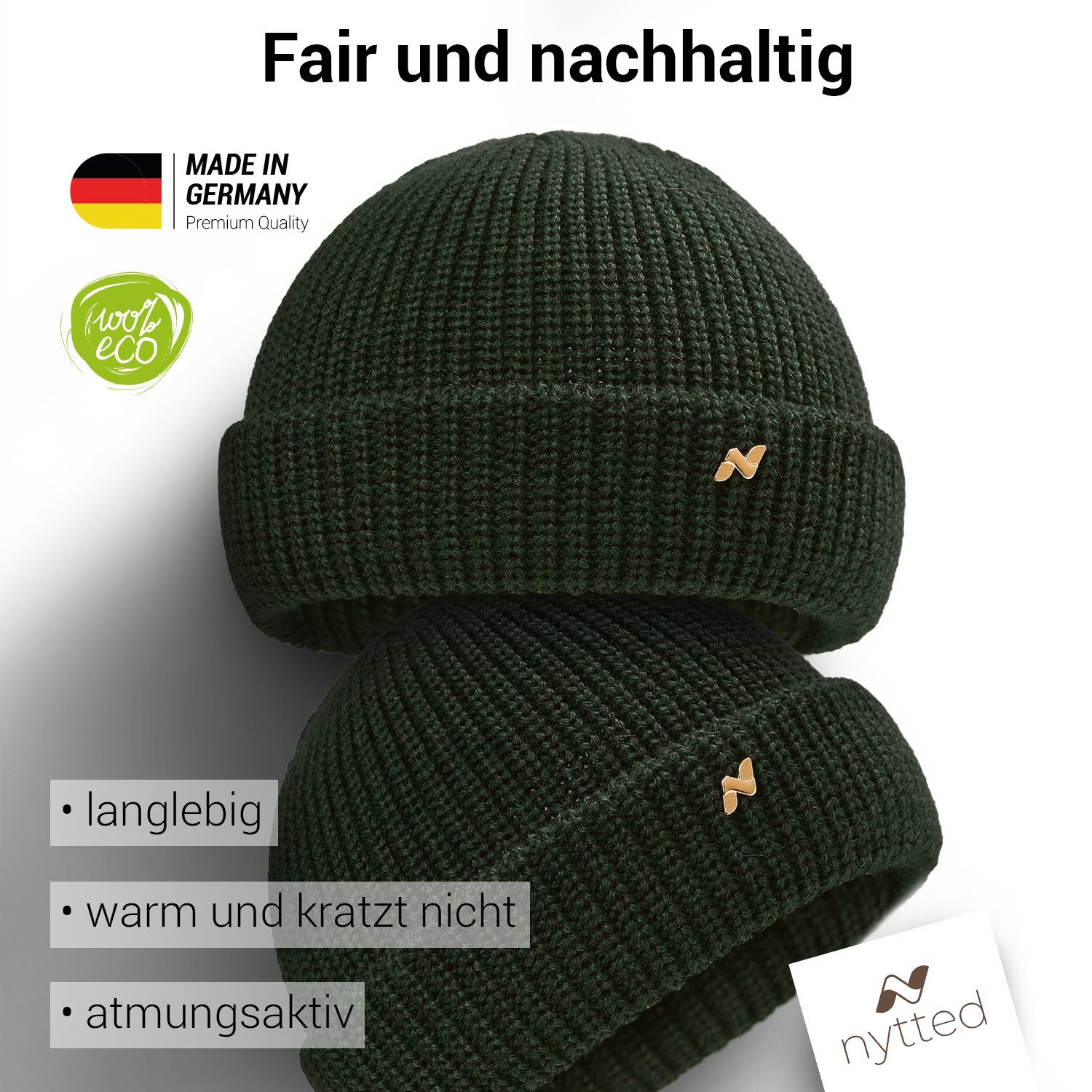 Made Wolle - % in Germany - - oliv & Mütze für 100 Damen NYTTED® Herren Strickmütze Troyer
