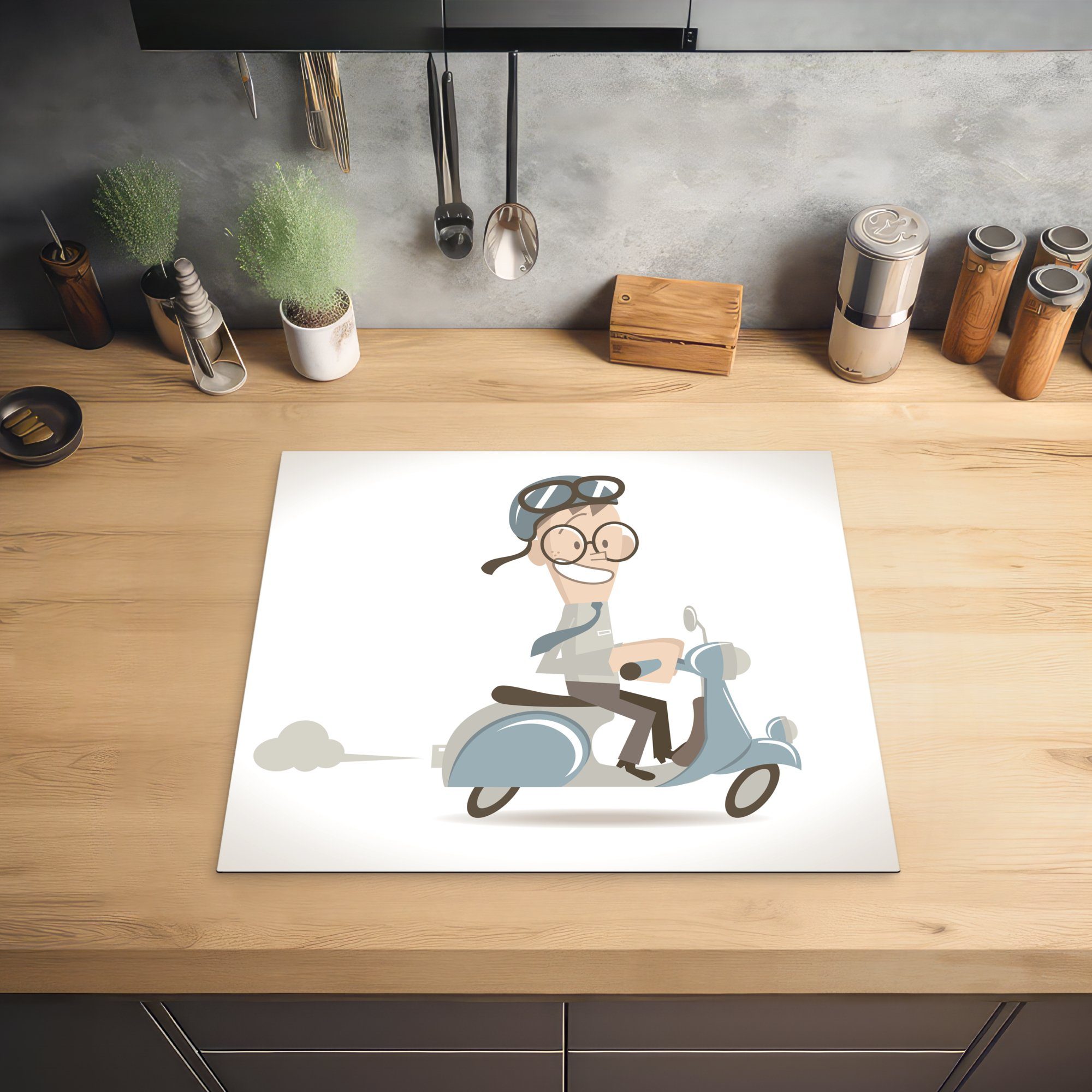 seinem mit eines Herdblende-/Abdeckplatte Jungen Vinyl, Arbeitsfläche Illustration MuchoWow Mobile (1 Eine 60x52 Motorroller, tlg), Ceranfeldabdeckung cm, glücklichen nutzbar,