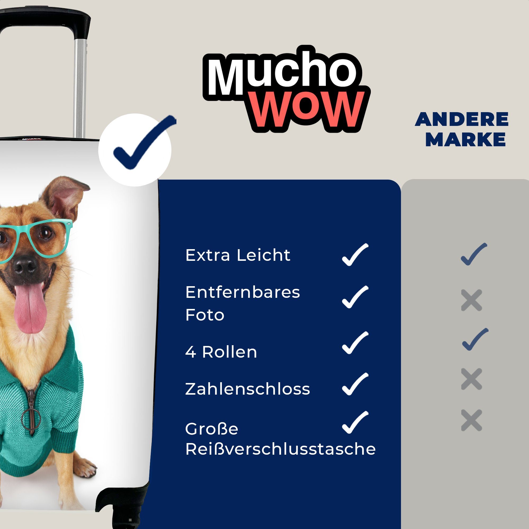 Ferien, Reisekoffer Hund Hipster, Reisetasche Hemd für - - - Handgepäck 4 Trolley, Brille mit MuchoWow Rollen, rollen, Handgepäckkoffer
