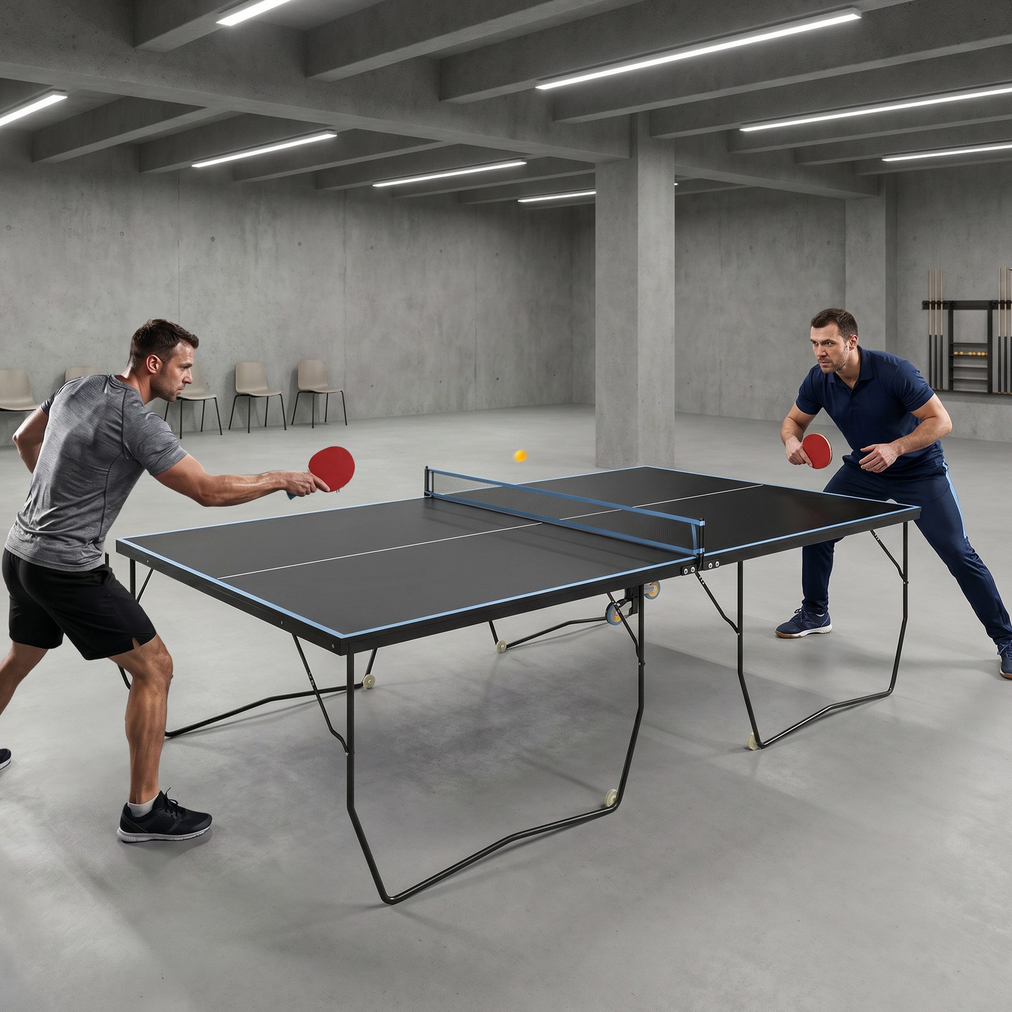 SPORTNOW Tischtennisplatte Große Tischtennistisch mit klappbares Untergestell, Netz, Rollen (Tischtennistisch, 1-tlg., mit Rollen), 274 x 152,5 x 76, Schwarz