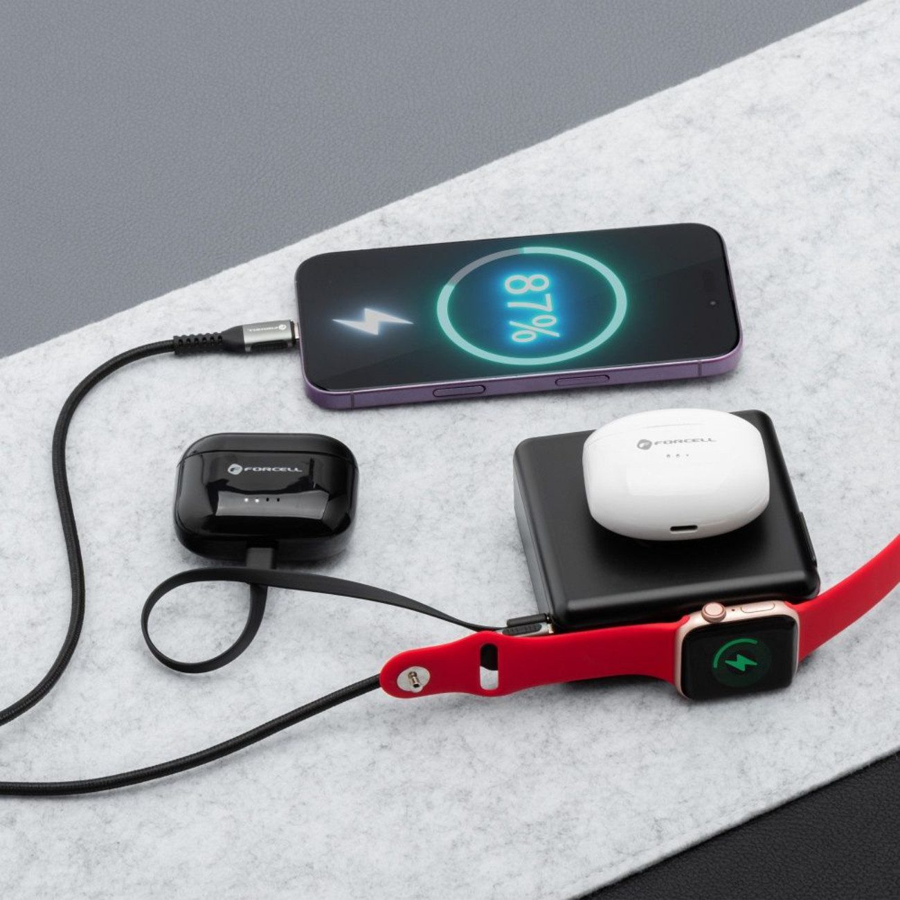 Forcell F-ENERGY Universal-Ladegerät (2400 mA, Inklusive 2 Kabel + Netzsteckeraufsätze (EU/UK/US), 6in1 Ladegerät mit Powerbank, 45W USB-C, kabellos, 15000 mAh)