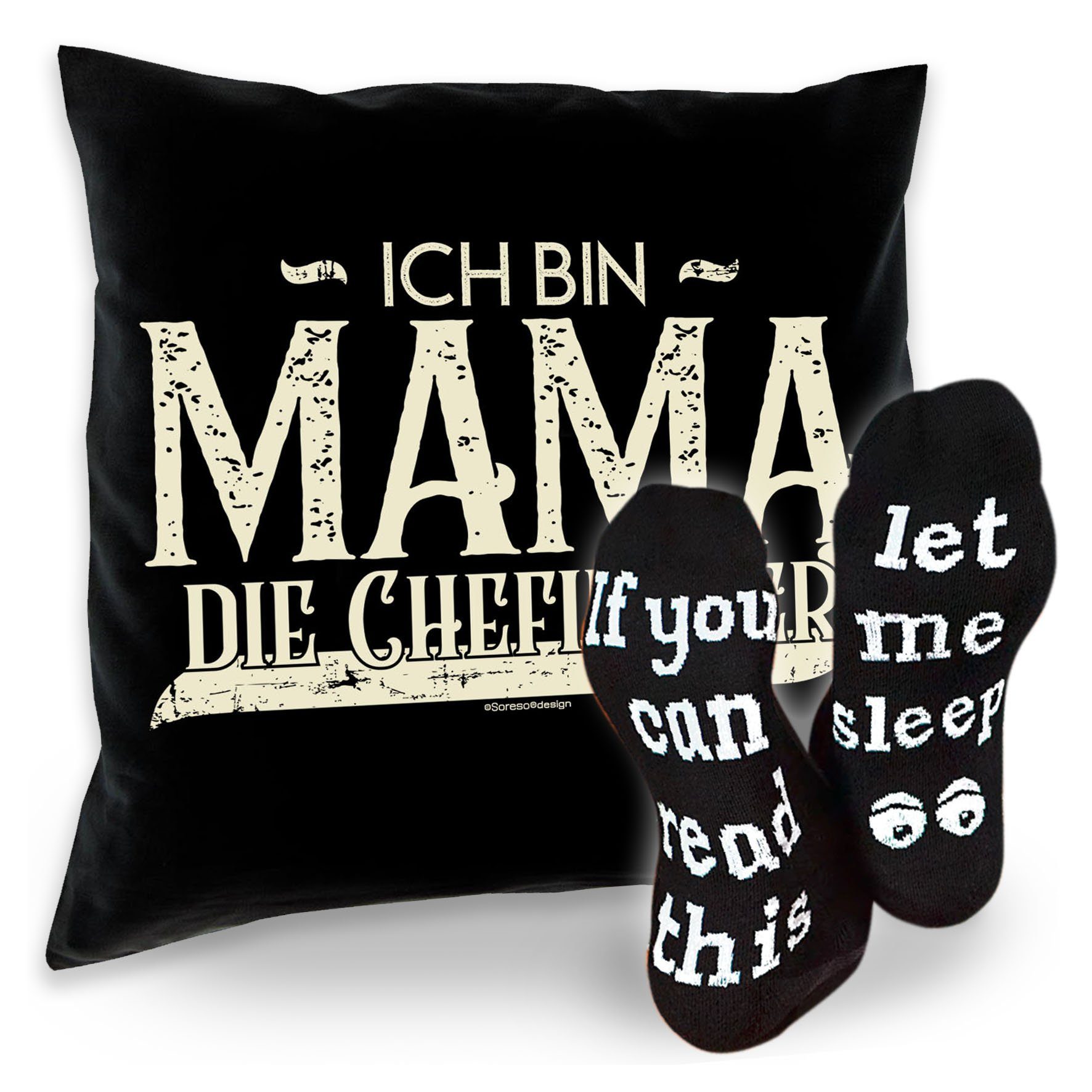 Soreso® Dekokissen Kissen Ich bin Mama die Chefin hier & Sprüche Socken Sleep, Geschenke für Mütter Geschenkidee schwarz | Dekokissen