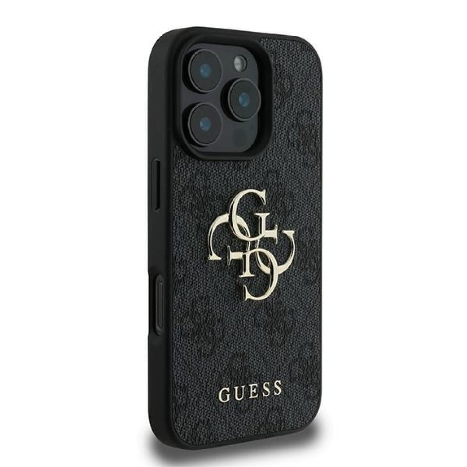 Guess Handyhülle iPhone 16 Pro grau Big Logo goldfarben Metall 6,3 Zoll, Kantenschutz