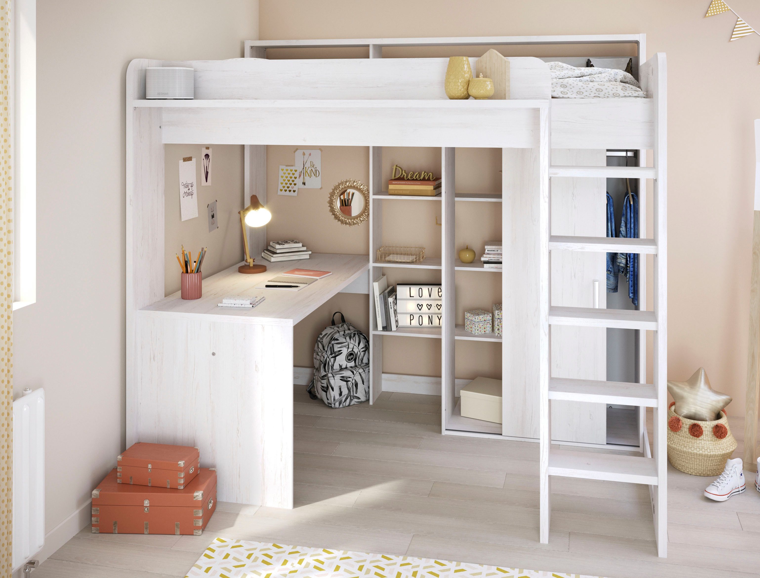 Hochbett Higher, mit Schreibtisch, Schiebetürenschrank, Regale oben und unten