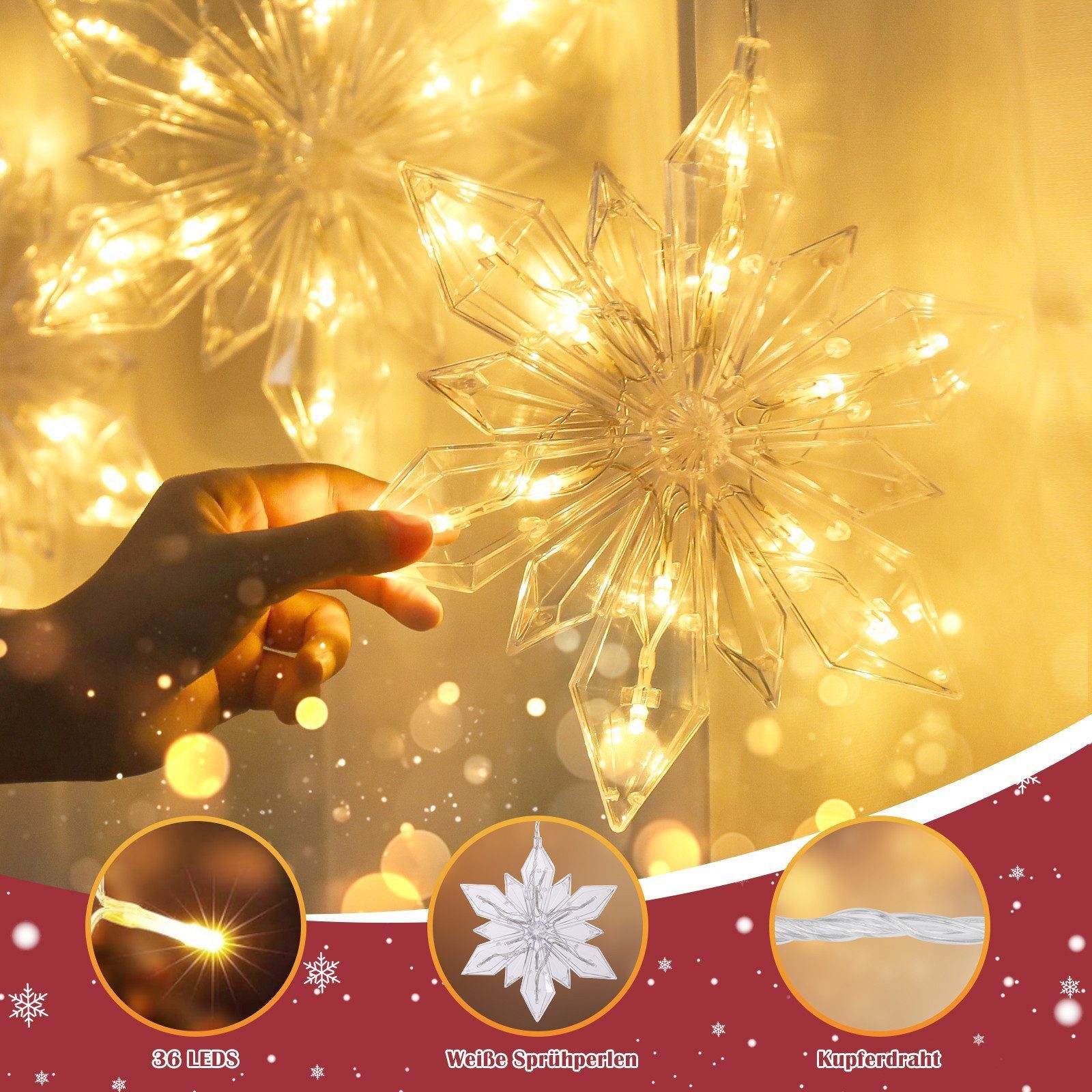 Elegear LED-Lichterkette Weihnachtsdeko Fenster Stern, beleuchtete Weihnachtsbeleuchtung, Lichterkette Sterne mit Timer Innen/Außen, Weihnachtsstern Fensterdeko