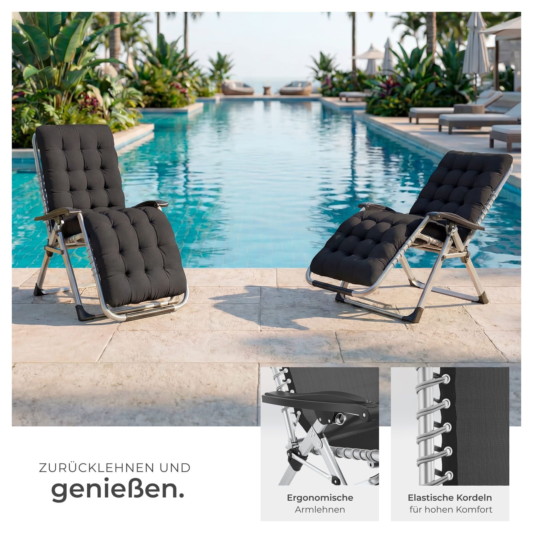 tectake Gartenstuhl Relaxliege klappbar mit verstellbarer Rückenlehne und Ablagetisch (Klappbare Sonnenliege Cloud, 1 St), abnehmbares Kopfpolster, Belastbarkei – Bild 4 von 5