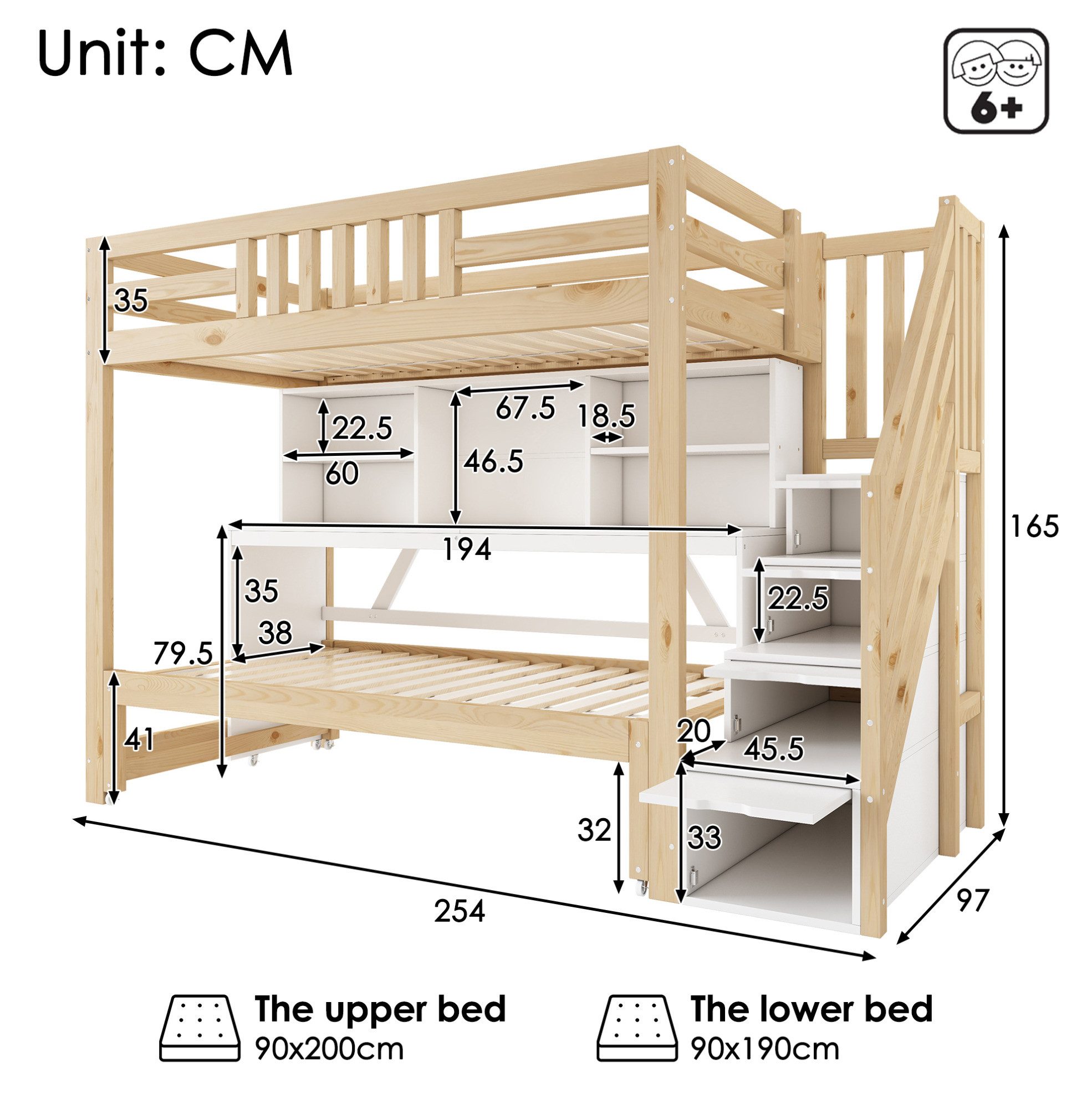 REDOM Etagenbett Design-Kinderbett – Schreibtisch, Treppenschrank & Ausziehbett (Packung, 90×200 + 90×190 cm, für moderne Räume), Rollen, Regal, ohne Matratze, Weiß+Eiche