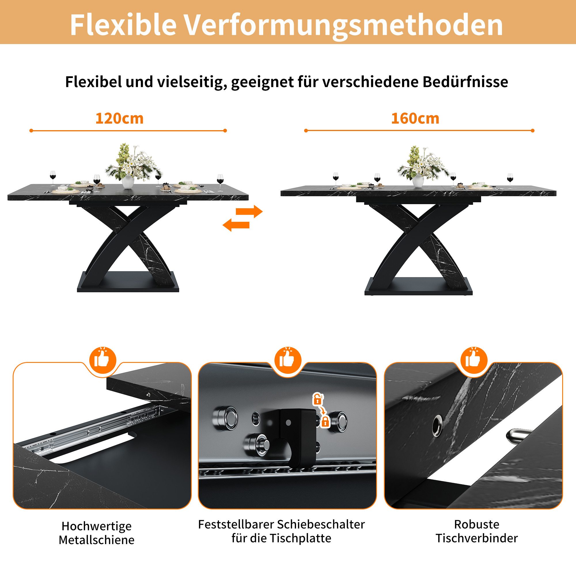HAUSS SPOLE Wohnzimmer-Set mit X-Beine,Küchentisch Wohnzimmertisch ausziehbar für 6 Personen, (Ausziehbarer Esstisch 120–160 cm – Stabilität und Eleganz Schwarz, 1-St., Aufgeklappt:120x80x75cm Zusammengeklappt:160x80x75cm)