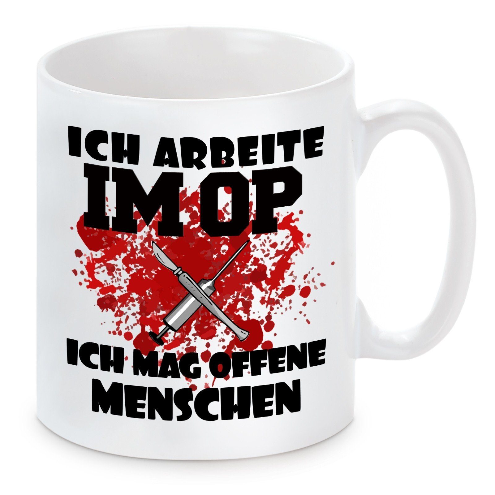 im OP, Kaffeetasse Ich und Keramik, arbeite Tasse Motiv mit Kaffeebecher Herzbotschaft spülmaschinenfest mikrowellengeeignet